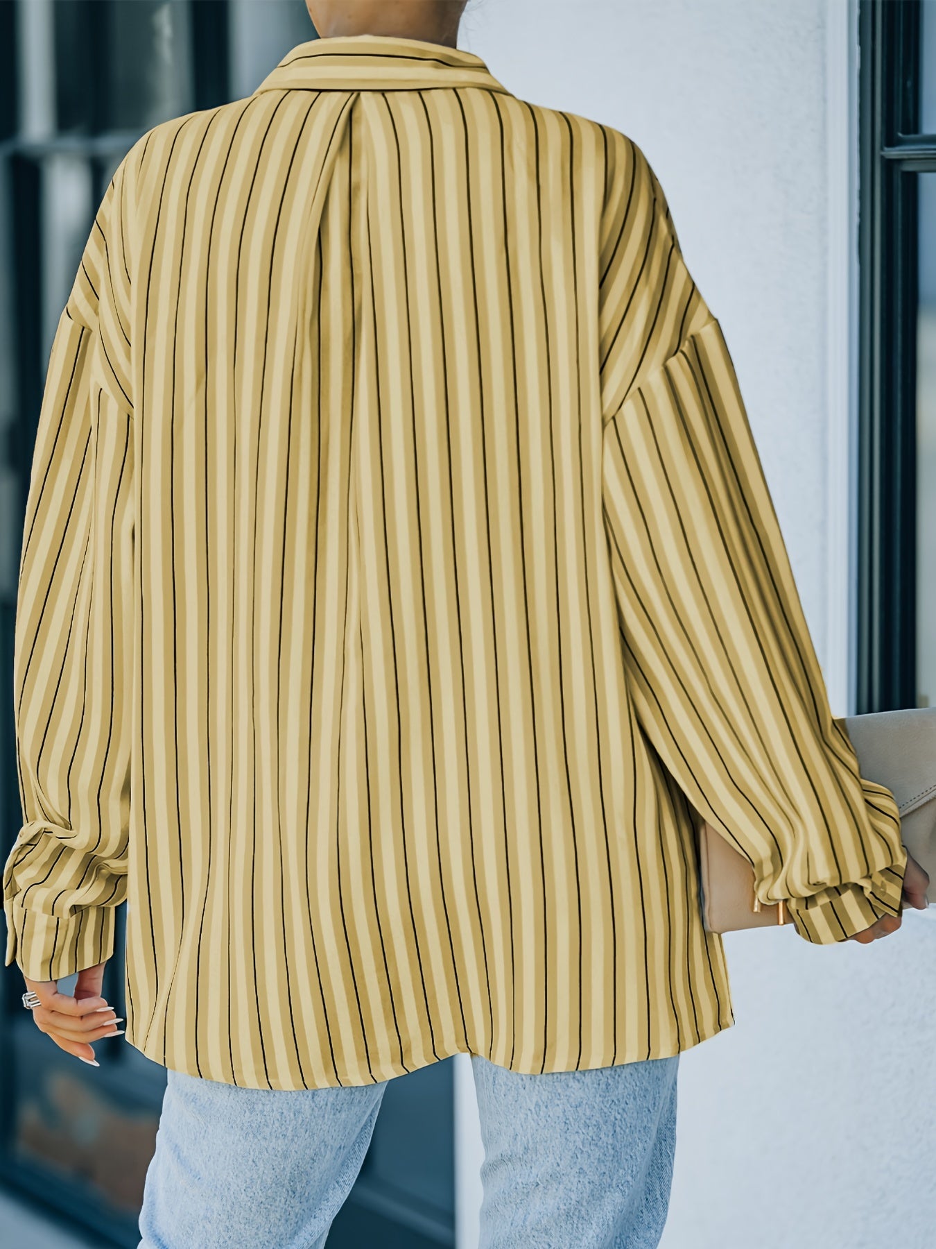 gbolsos Striped Collar Buttons Shirt, Casual Pockets Long Sleeve Drop Shoulder Shirt, Women's Clothing