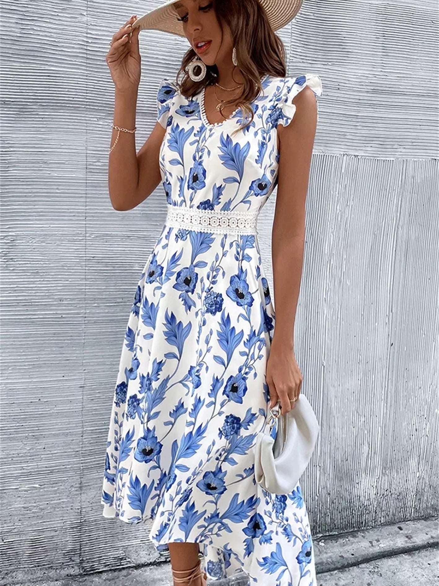 gbolsos Women's Dresses Ruffle Sleeve V-neck Contrast Lace Asymmetrical Bohemian Dresses