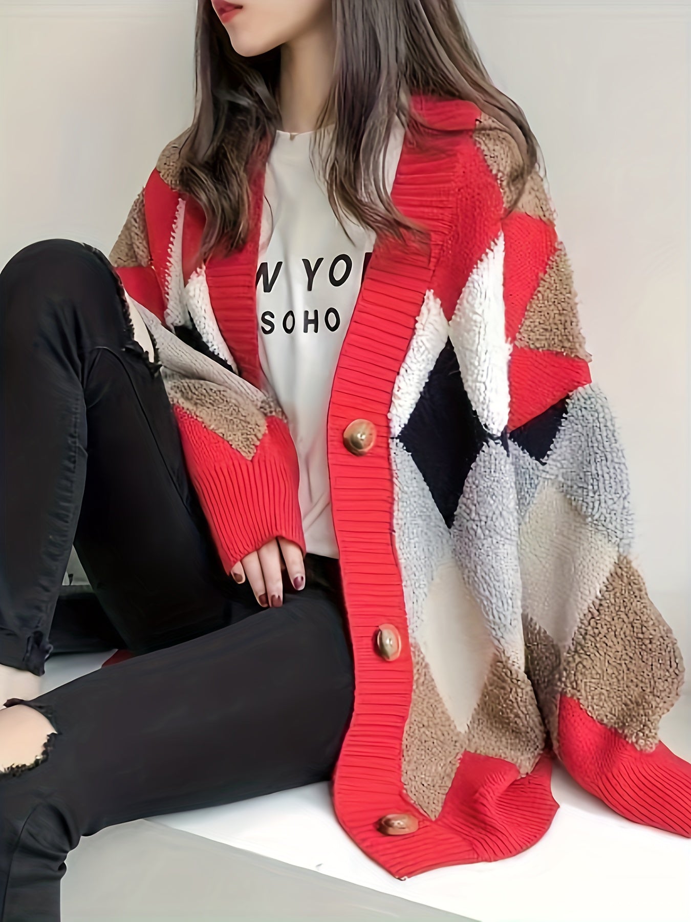 gbolsos Letter Pattern Button Down Knit Cardigan, Casual Long Sleeve Loose Thick Sweater Jacket, Women's Clothing