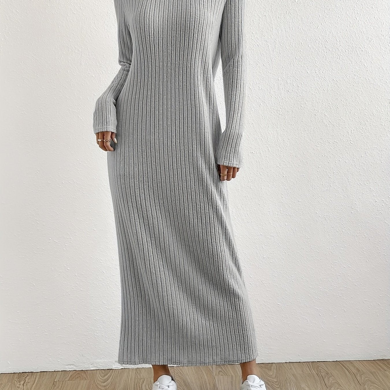 gbolsos Solid Ribbed Dress, Elegant Crew Neck Long Sleeve Maxi Dress, Women's Clothing