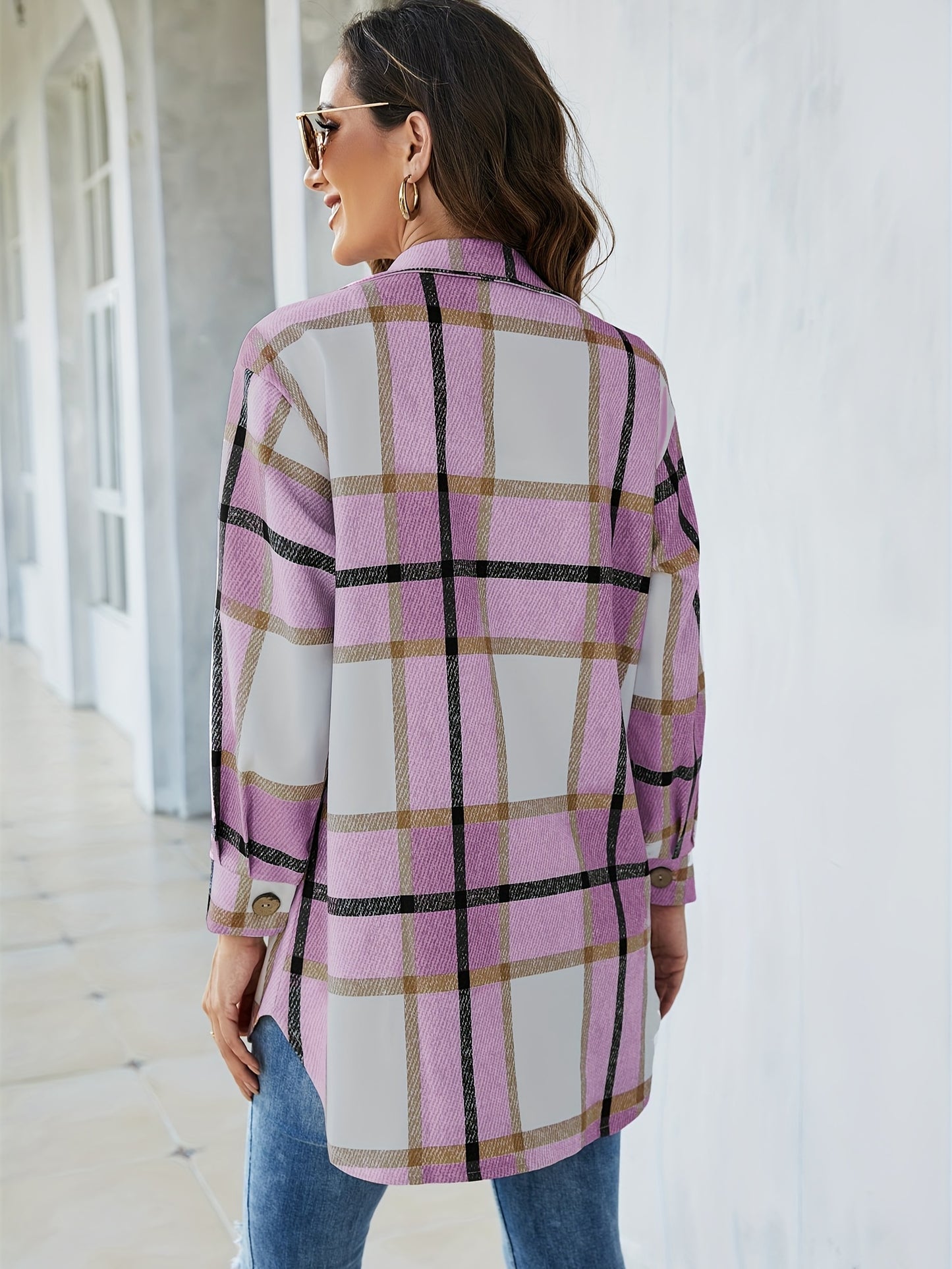 gbolsos Plaid Print Shacket Jacket, Casual Button Front Long Sleeve Outerwear, Women's Clothing