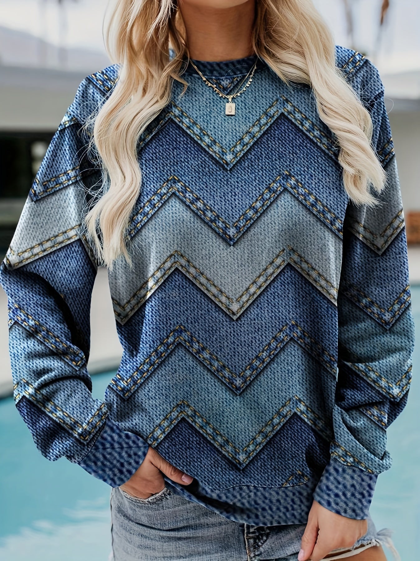 gbolsos Denim Print Pullover Sweatshirt, Casual Long Sleeve Crew Neck Sweatshirt For Fall & Winter, Women's Clothing
