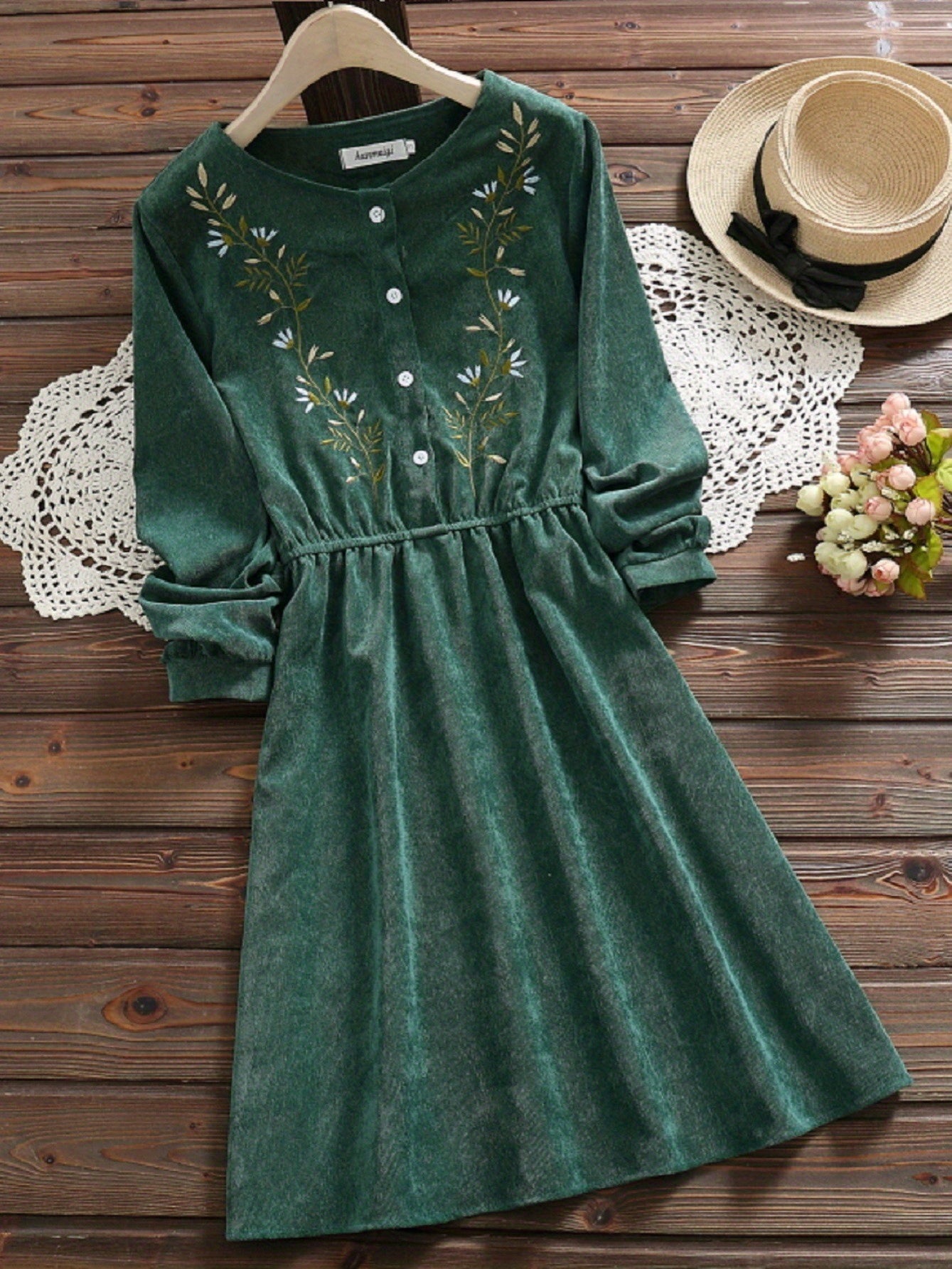 gbolsos Button Front Floral Embroidered Dress, Vintage Slim Waist Pleated Long Sleeve Dress, Women's Clothing