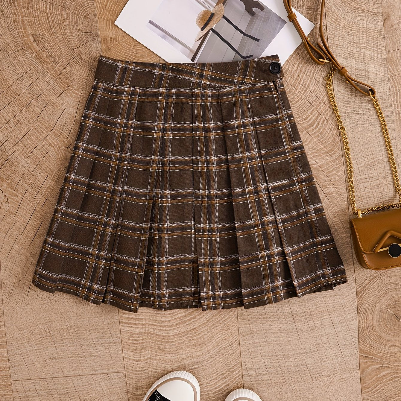 gbolsos Plaid Print Pleated Skirt, Casual Every Day Mini Skirt, Women's Clothing