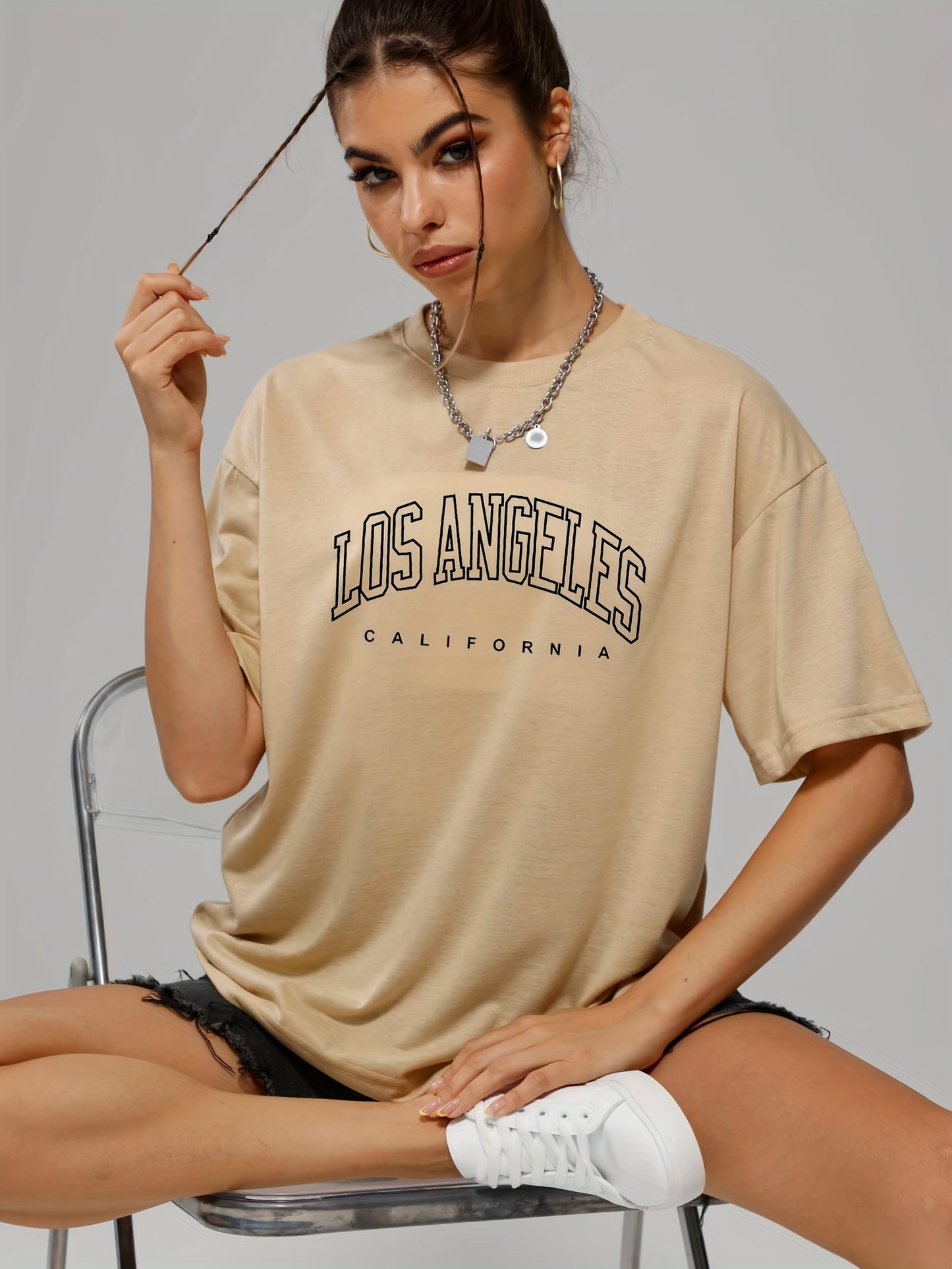 gbolsos Solid Color Letter Print Casual Sports T Shirt, Soft Crew Neck Short Sleeve Tee, Women's Clothing