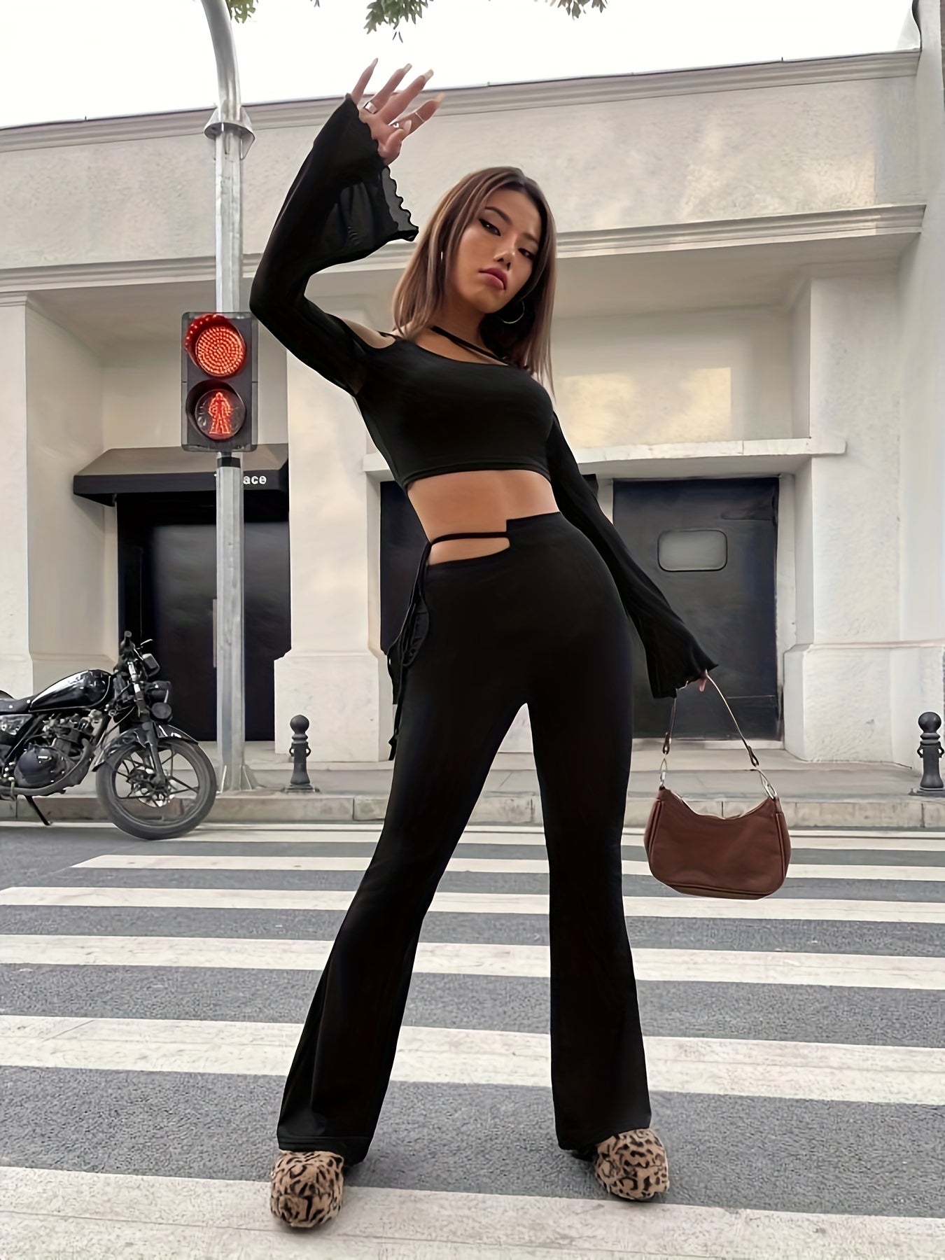 kkboxly Long Sleeve Mesh Crop T-Shirt, Casual Top For Summer & Spring, Women's Clothing