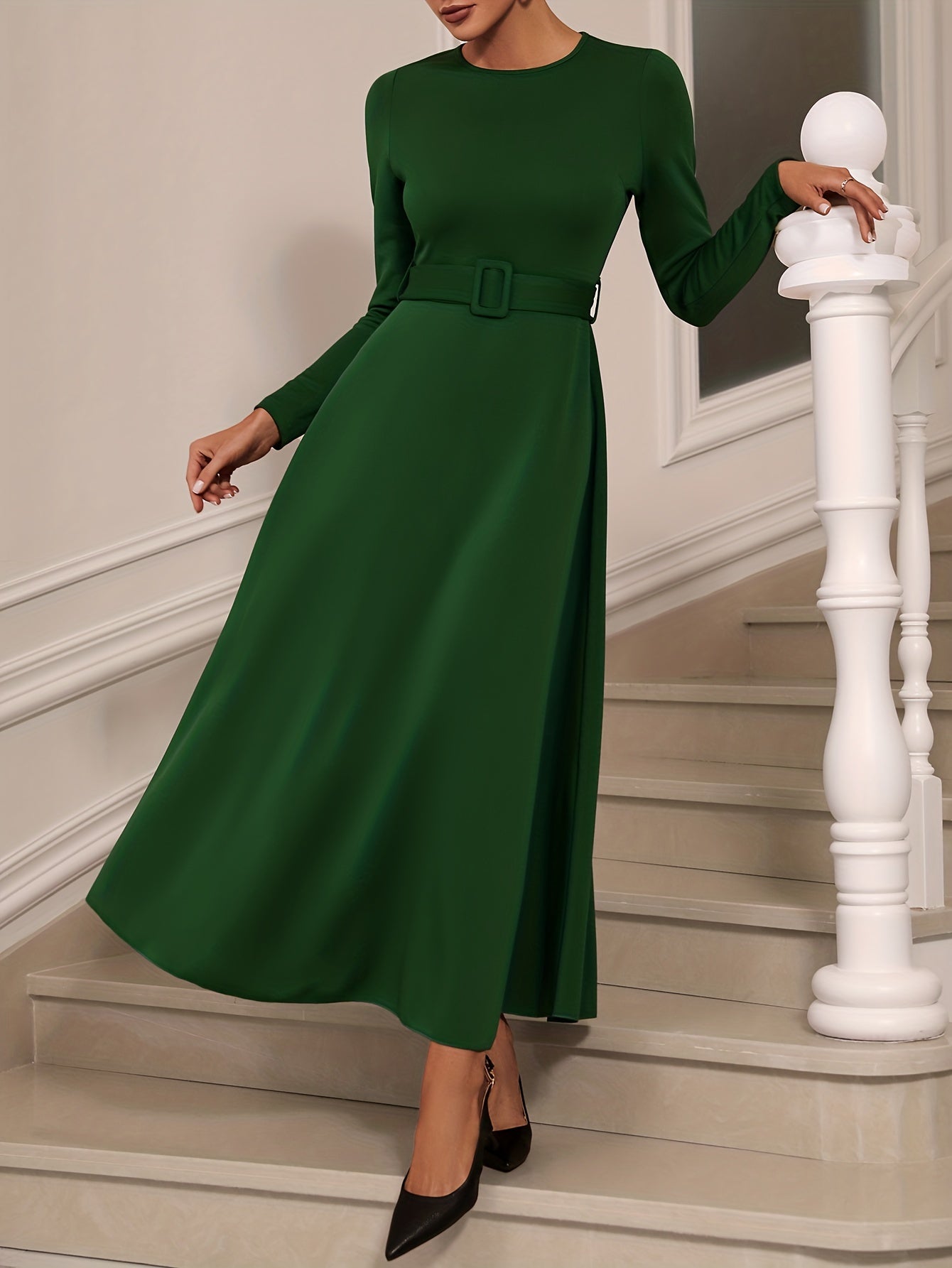 gbolsos Solid Long Sleeve Belt Dress, Elegant Crew Neck Dress For Spring & Fall, Women's Clothing