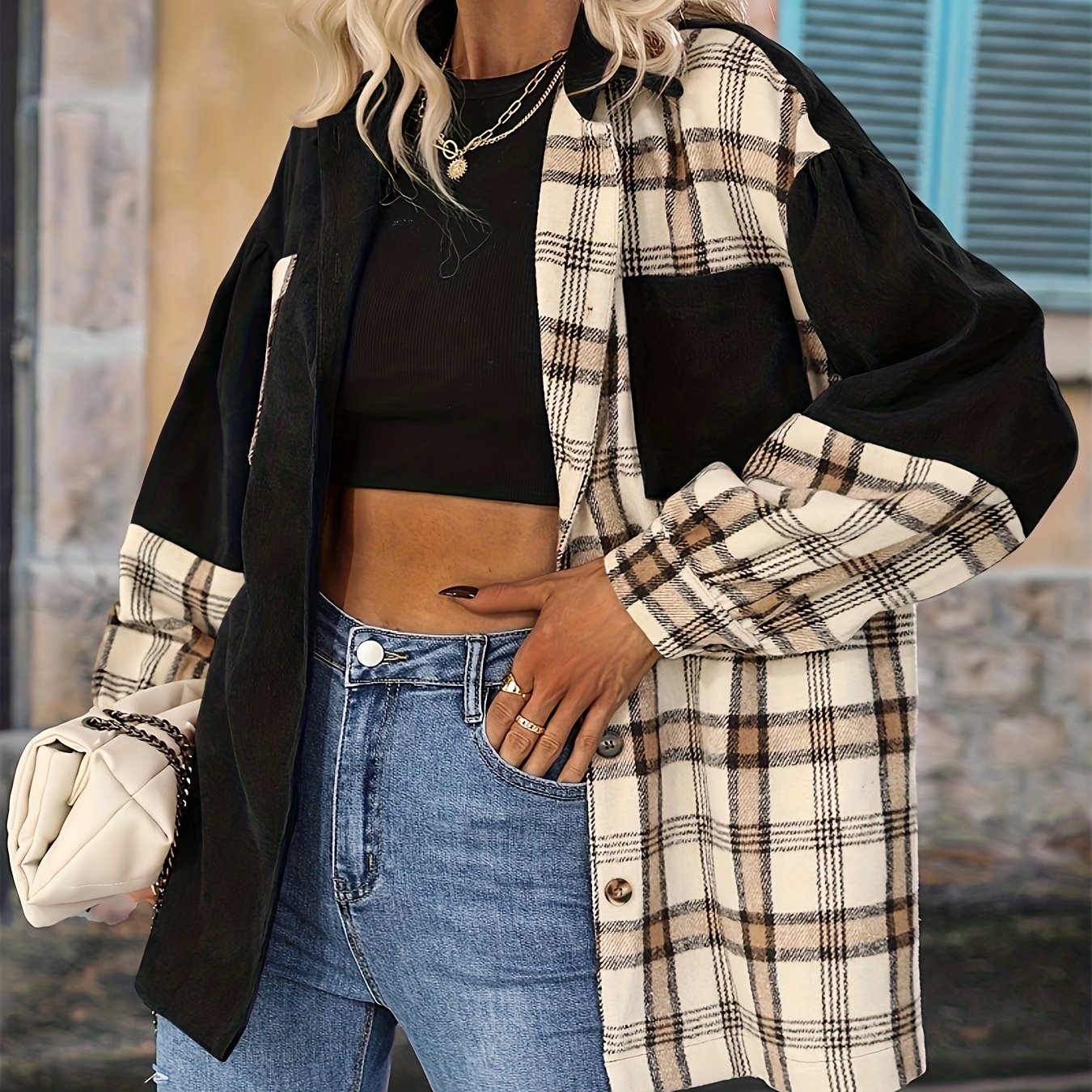 Plaid Pattern Splicing Jacket, Casual Button Front Long Sleeve Outerwear, Women's Clothing