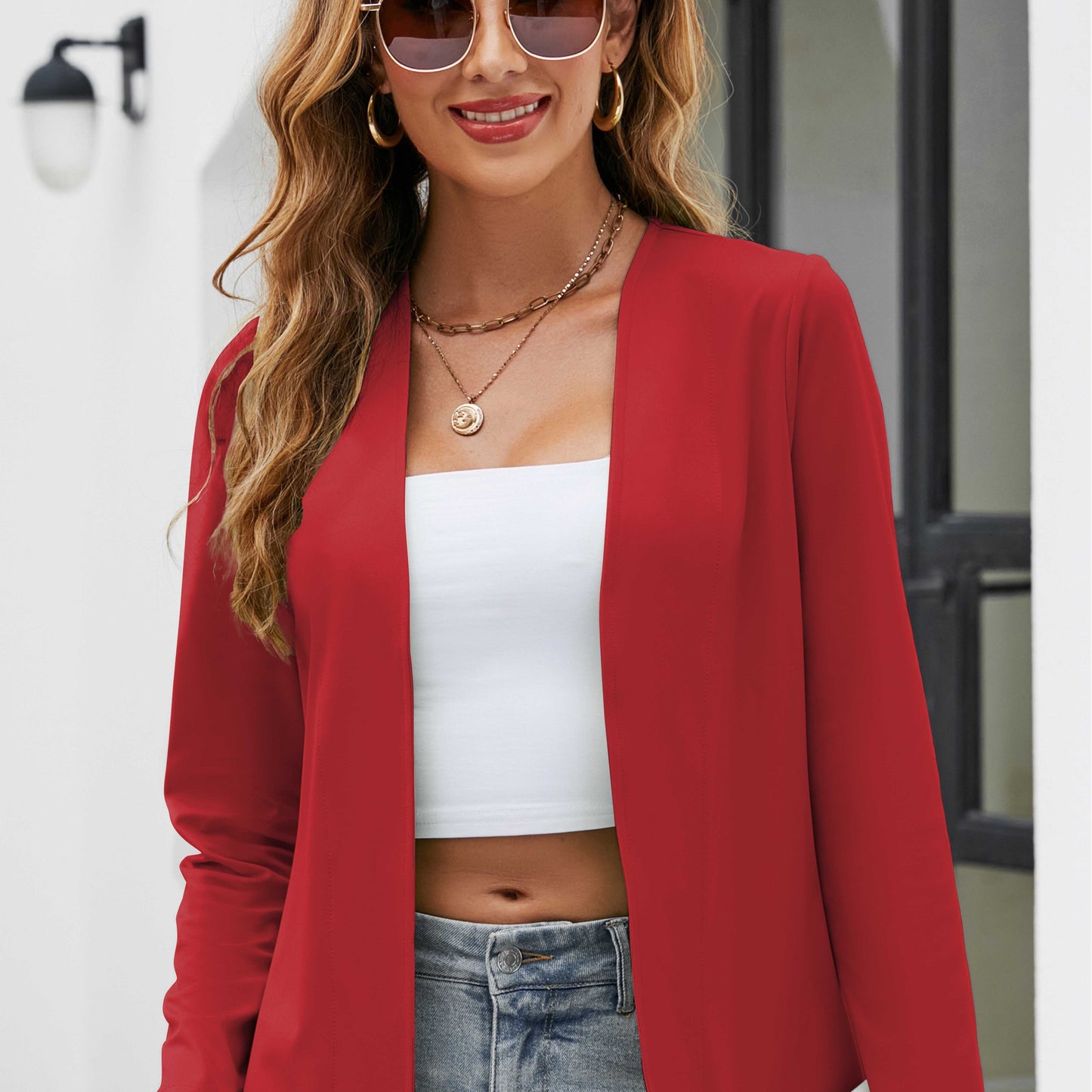 gbolsosSolid Simple Blazer, Casual Open Front Long Sleeve Work Outerwear, Women's Clothing