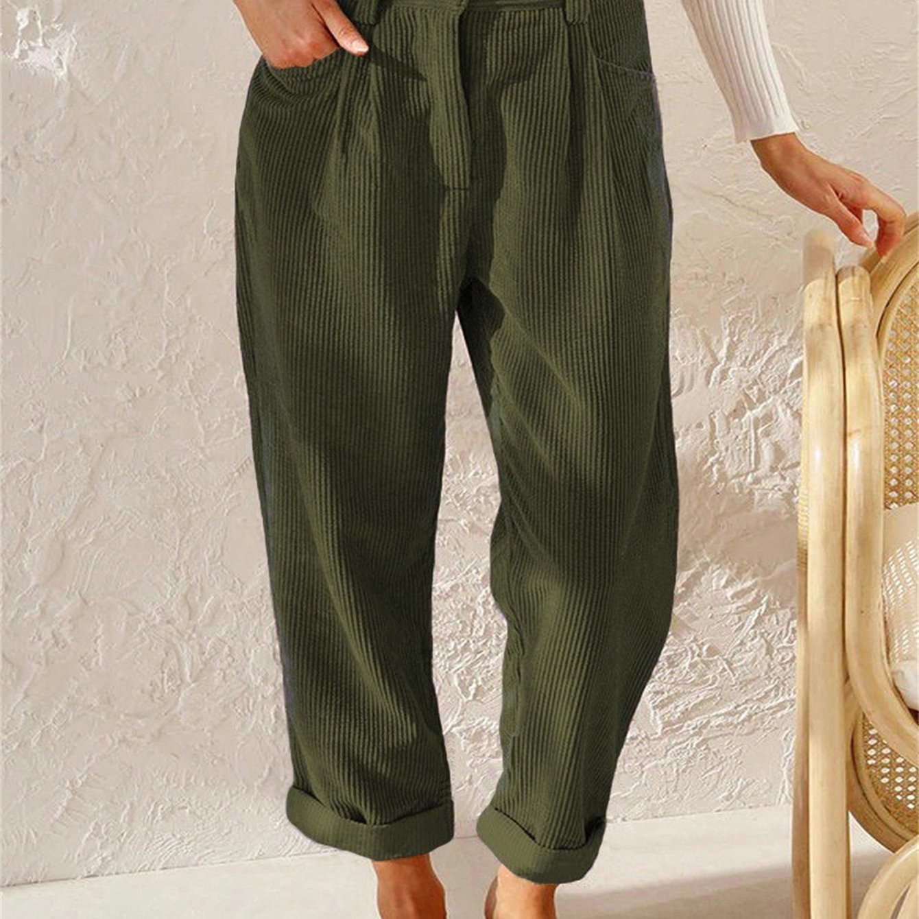 gbolsos Corduroy Straight Leg Pants, Solid High Waist Slant Pocket Pants, Casual Every Day Pants, Women's Clothing