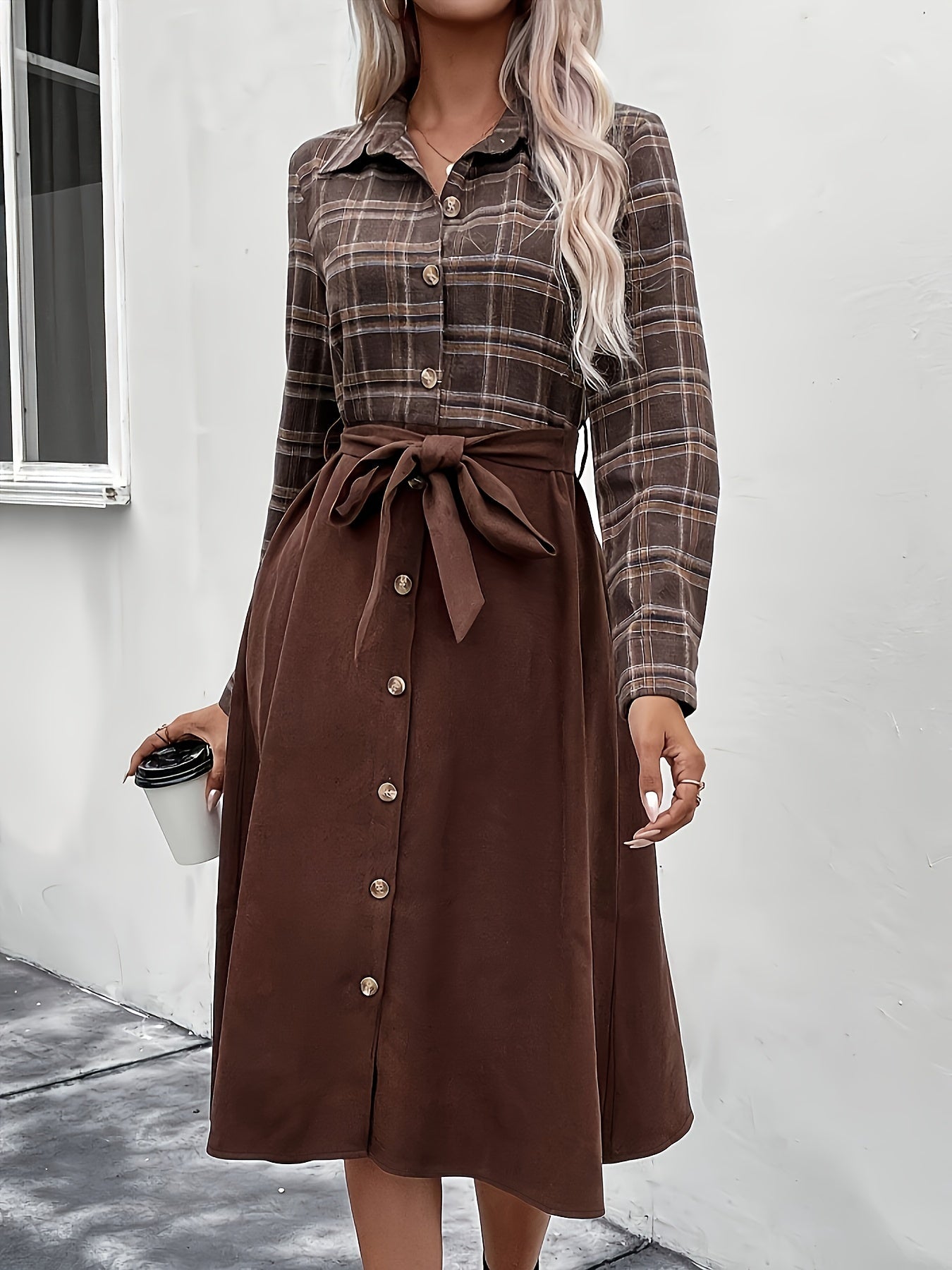 gbolsos Plaid Print Button Front Splicing Dress, Elegant Long Sleeve Dress, Women's Clothing