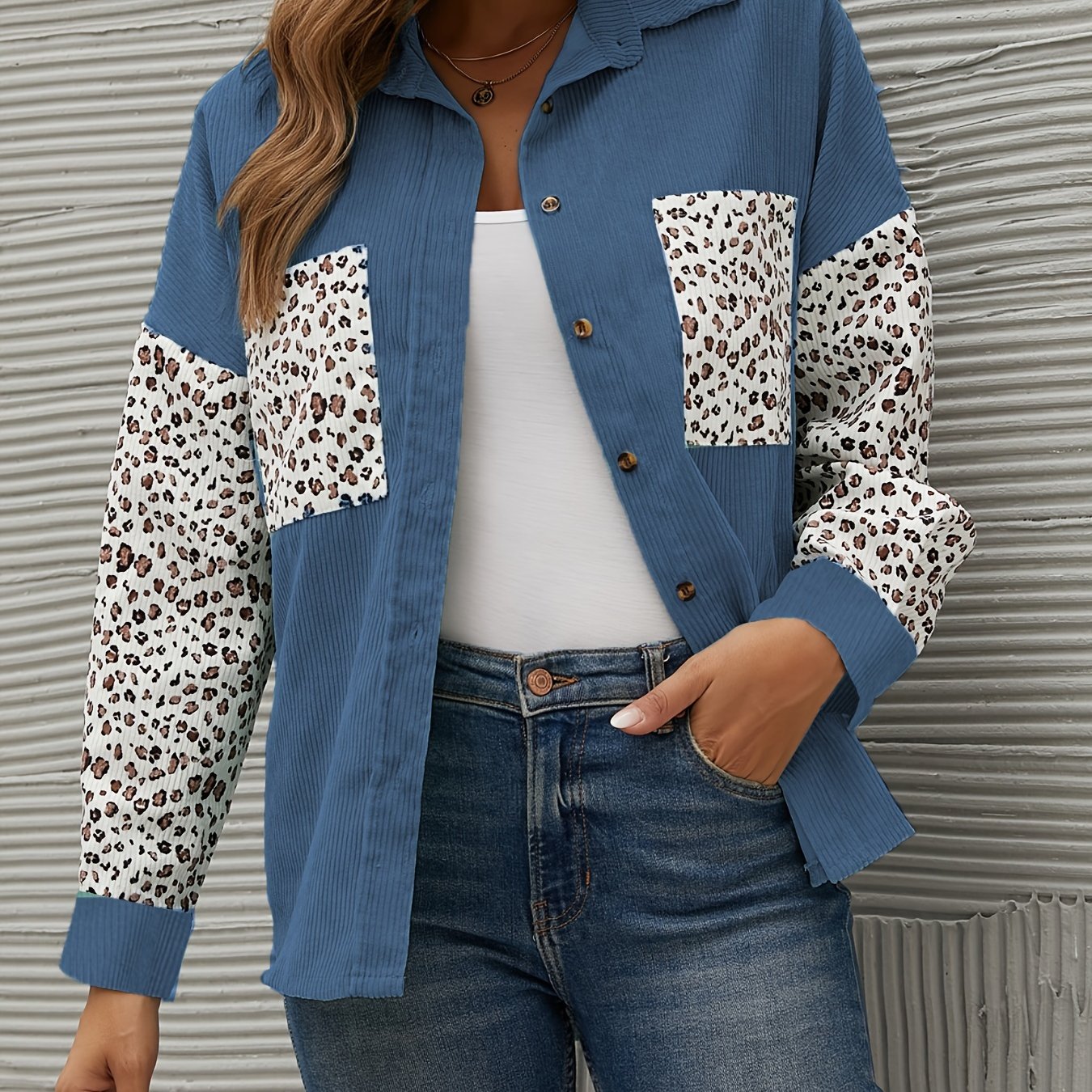gbolsos Corduroy Leopard Print Stitching Coat, Casual Lapel Long Sleeve Button Down Fashion Loose Outerwear, Women's Clothing