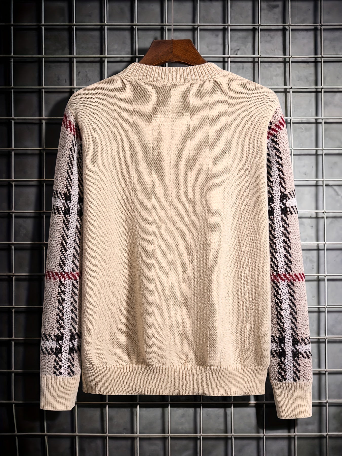 gbolsos Crew Neck Knitted Sweater, Men's Casual Warm Color Block Plaid Sleeves Slightly Stretch Pullover Sweater For Fall Winter