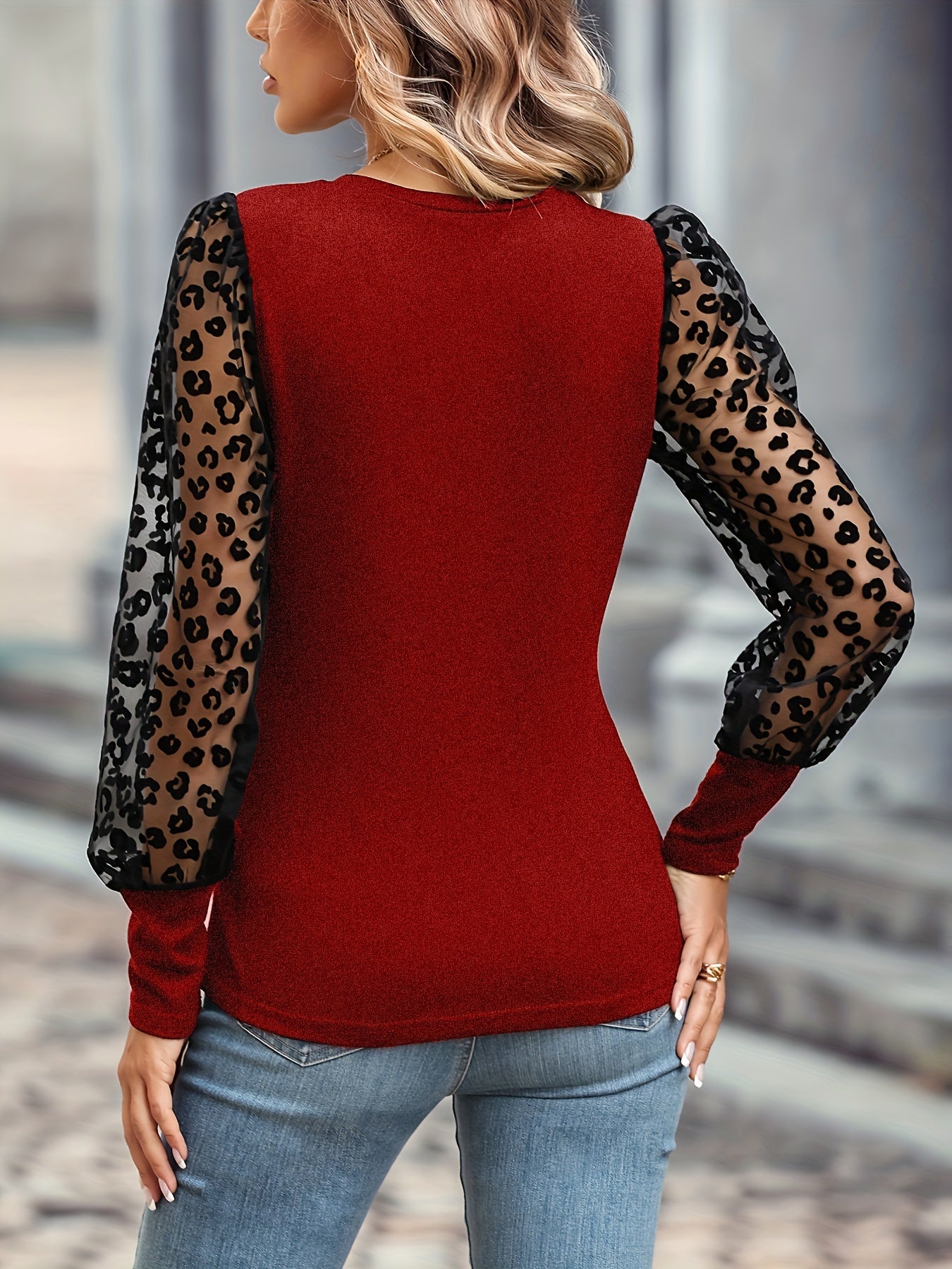 kkboxly Solid Color Lace Patchwork Ballon Sleeve Ribbed Knit Tops, Elegant Everyday Blouse, Women's Clothing