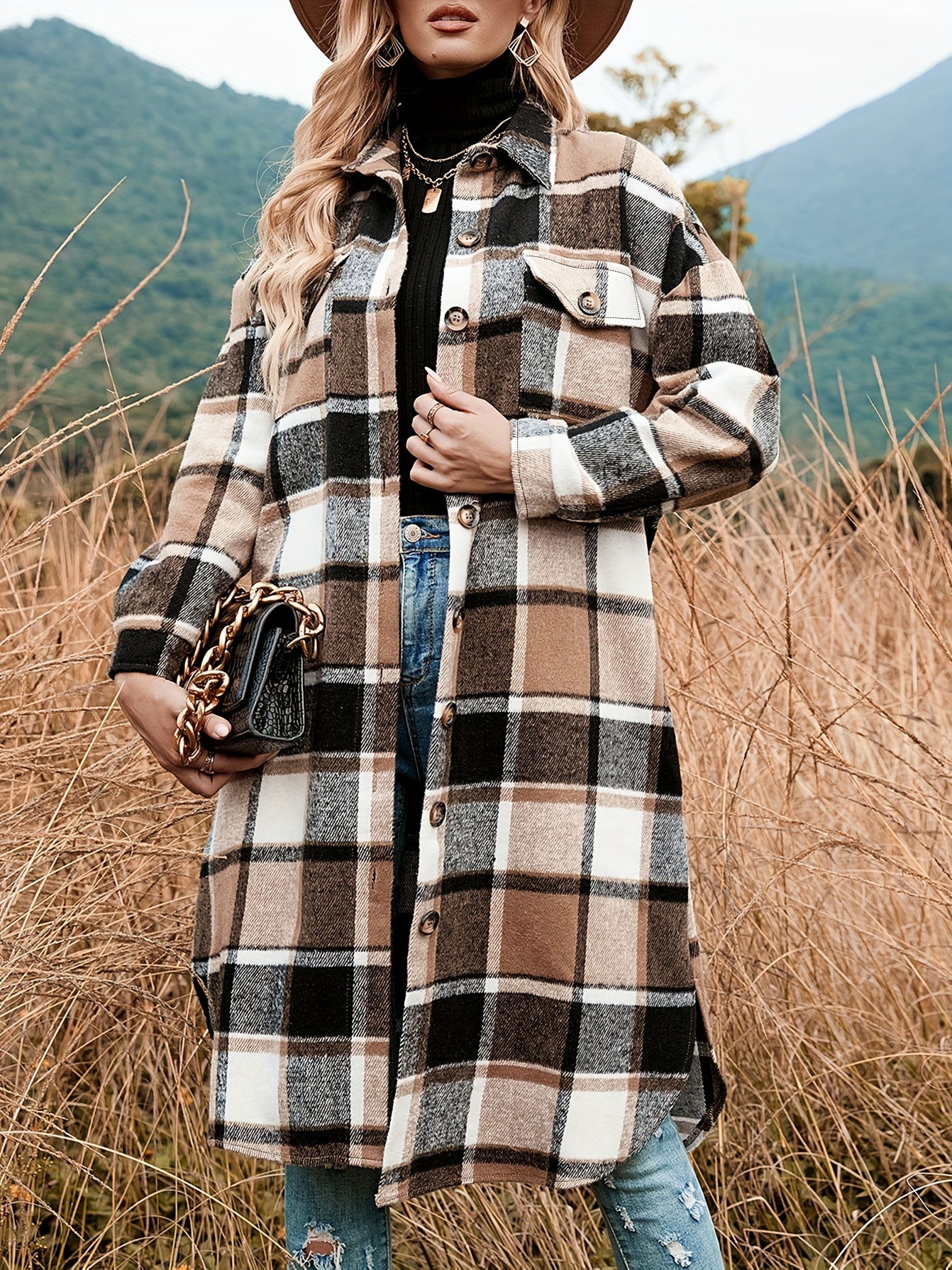 gbolsos Plaid Shacket Split Lapel Jacket, Button Down With Pockets Outerwear, Women's Clothing