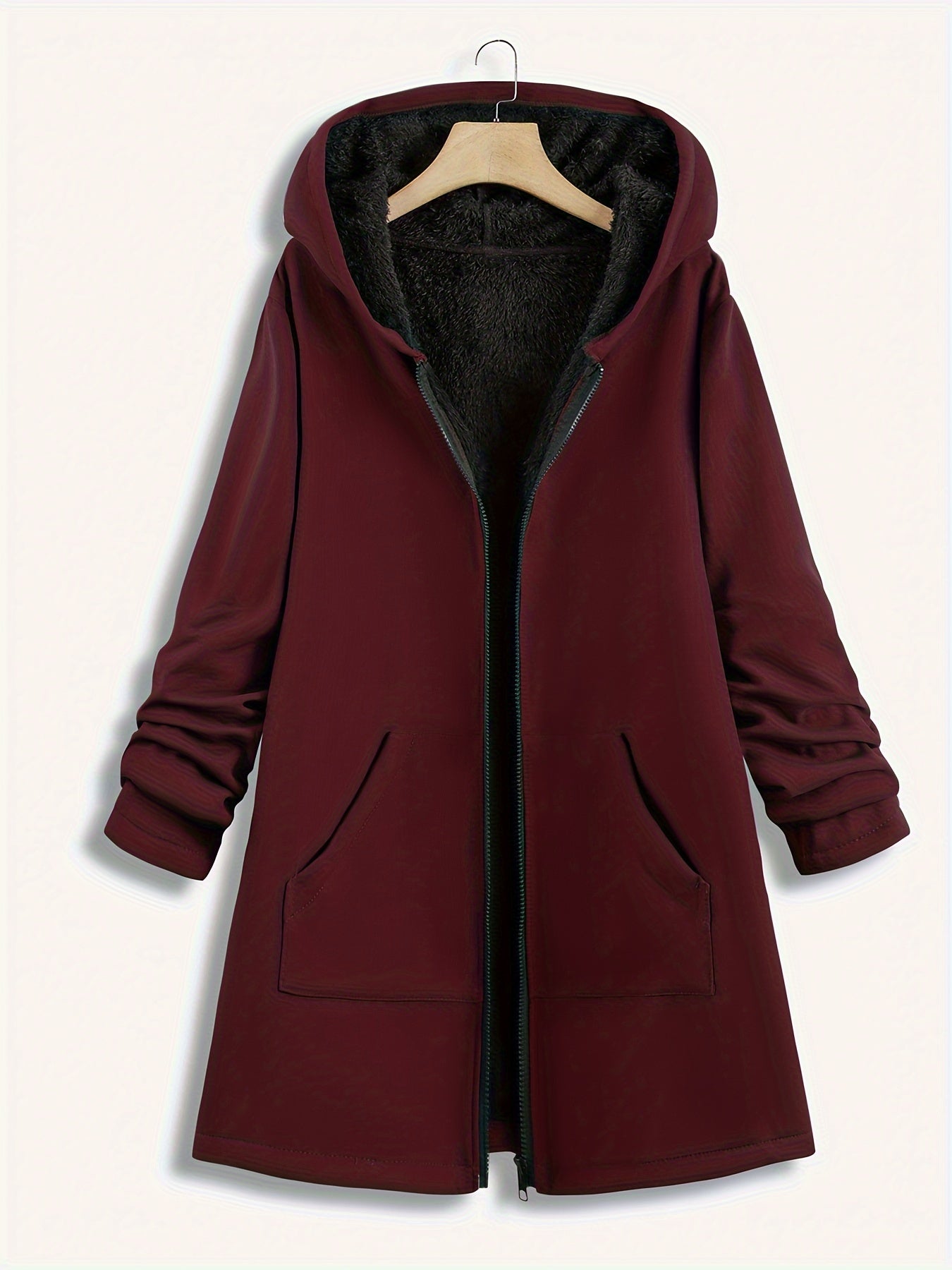 Plus Size Hoodie Fleece Liner Zip Up Coat, Women's Plus Warm Winter Casual Faux Fur Coat