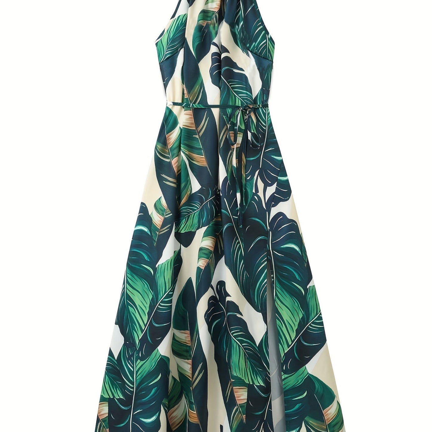 gbolsos Tropical Print Split Thigh Dress, Boho High Waist Crew Neck Sleeveless Summer Dress, Women's Clothing