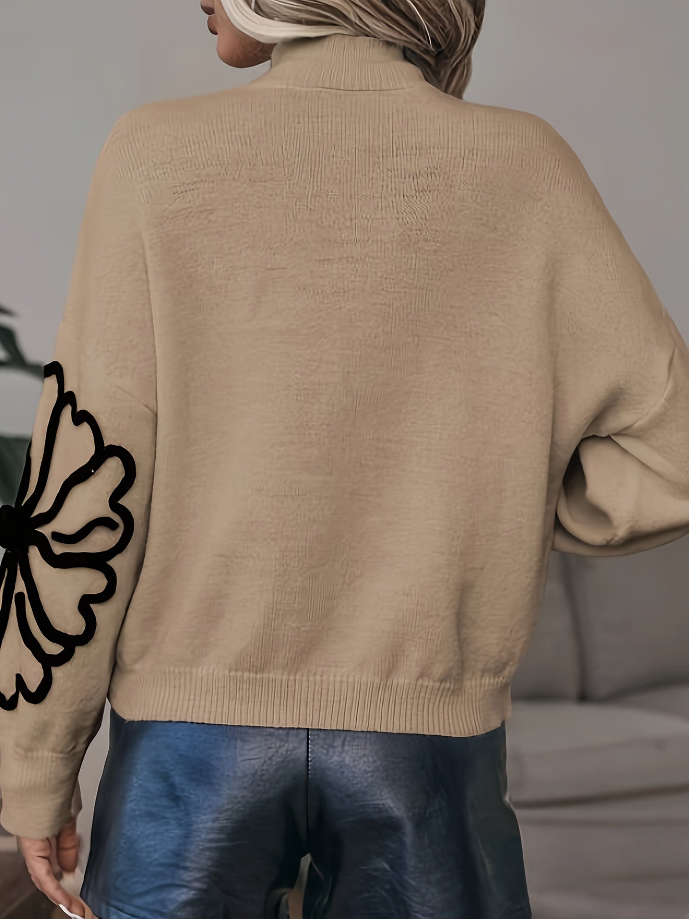 gbolsos Floral Knitted Pullover Sweater, Casual Long Sleeve Mock Neck Sweater For Fall & Winter, Women's Clothing
