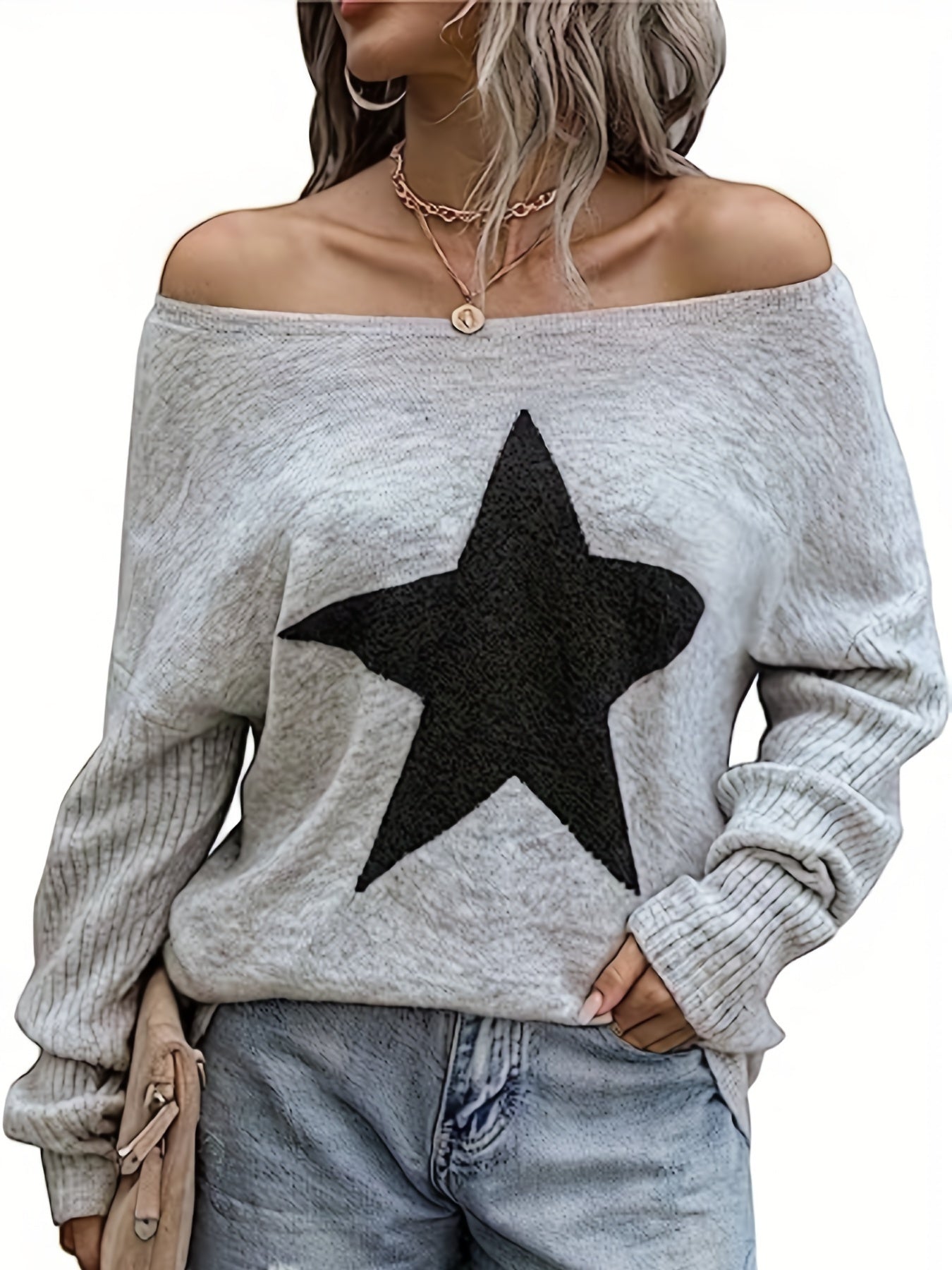 gbolsos Star Pattern Crew Neck Pullover Sweater, Casual Long Sleeve Sweater For Fall & Winter, Women's Clothing