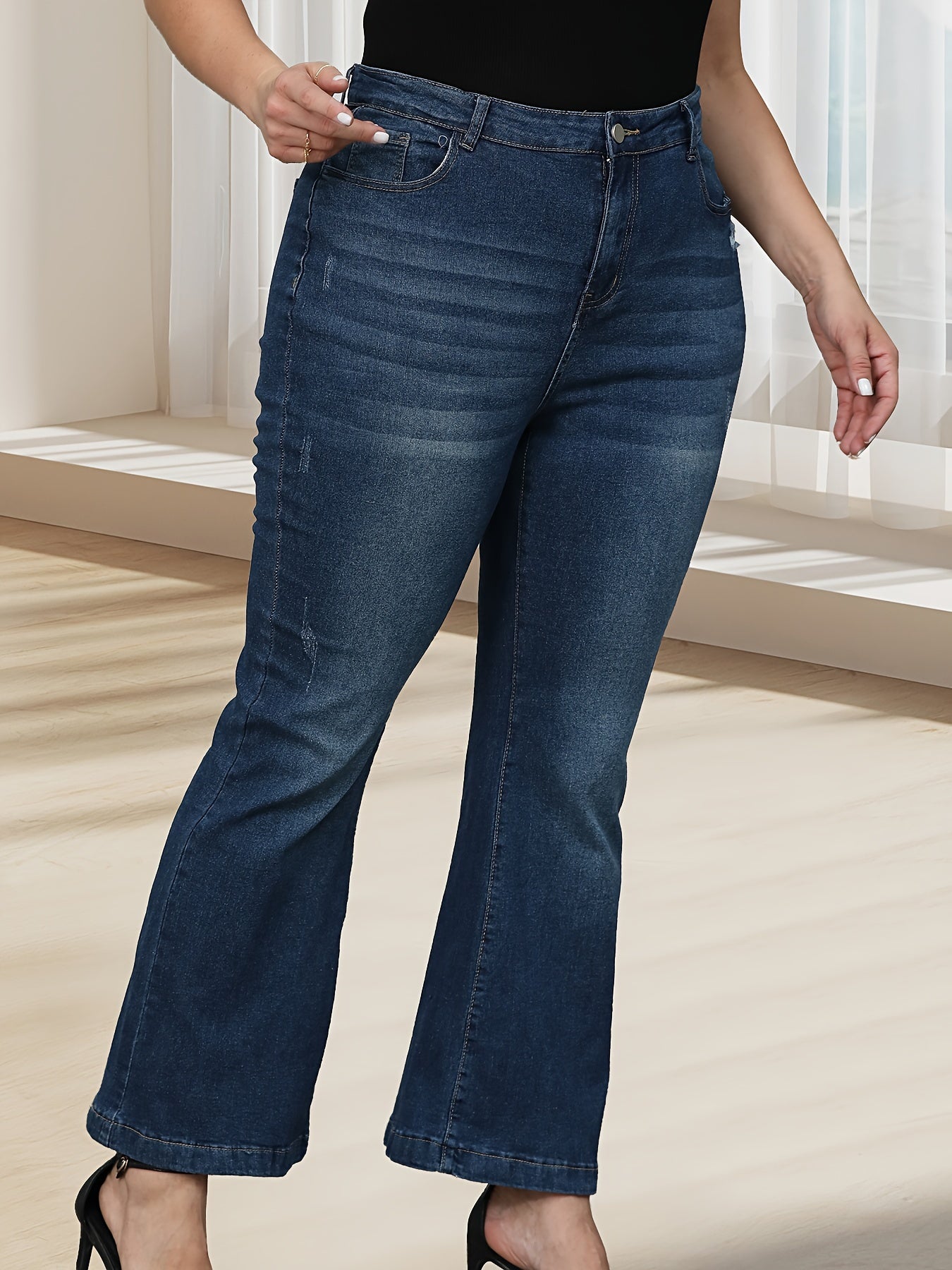 gbolsos Plus Size Casual Jeans, Women's Plus Washed Ripped Button Fly High Rise Flared Leg Jeans