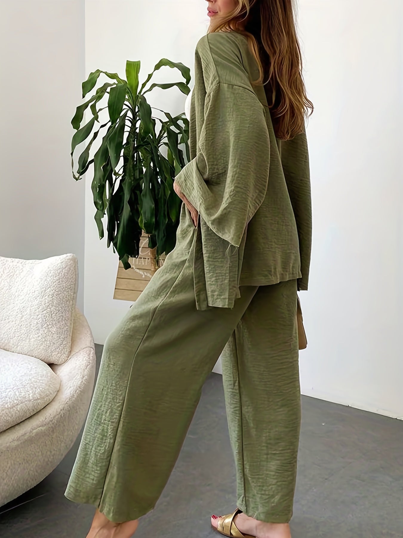 Plus Size Casual Overcoat, Women's Plus Solid Long Sleeve Slight Stretch Kimono Cardigan