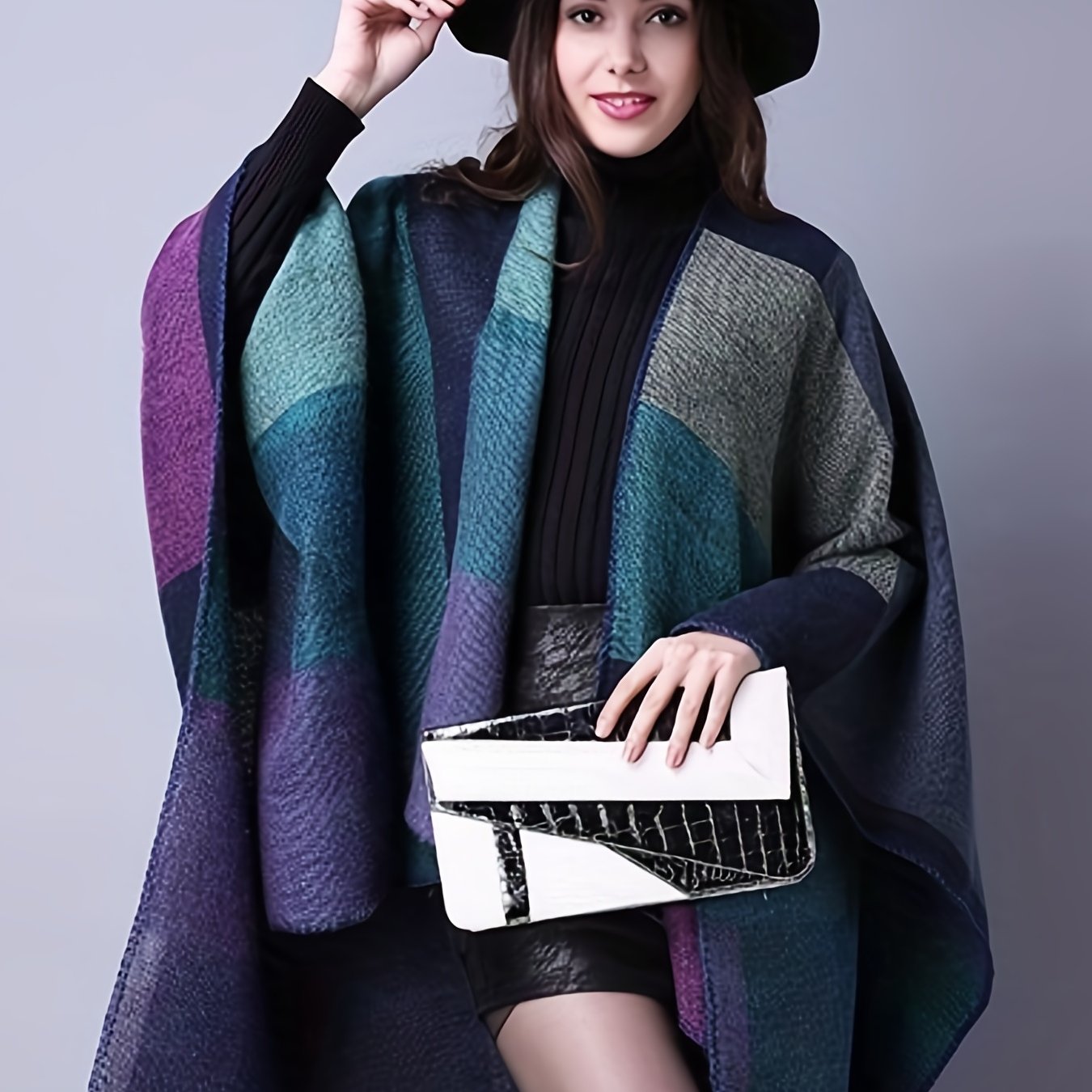 Plus Size Casual Coat, Women's Plus Colorblock Batwing Sleeve Open Front Slight Stretch Cape Coat