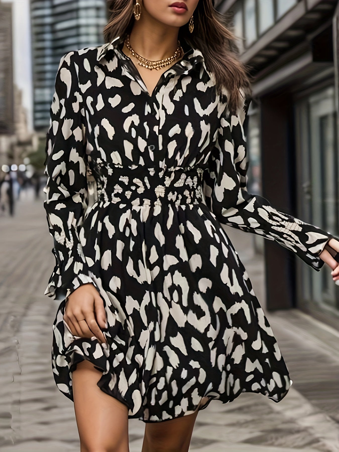 gbolsos Leopard Print Shirred Waist Dress, Casual Long Sleeve Button Front Dress, Women's Clothing
