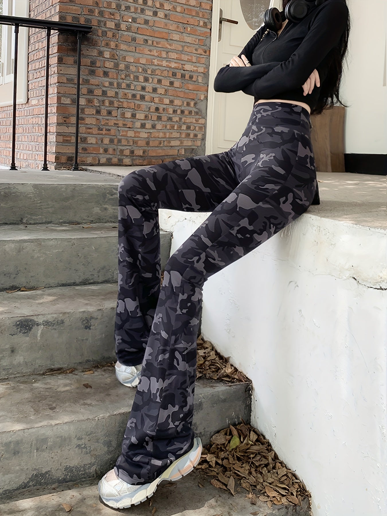 gbolsos Camo Print High Waist Pants, Casual Slim Pants For Spring & Summer, Women's Clothing