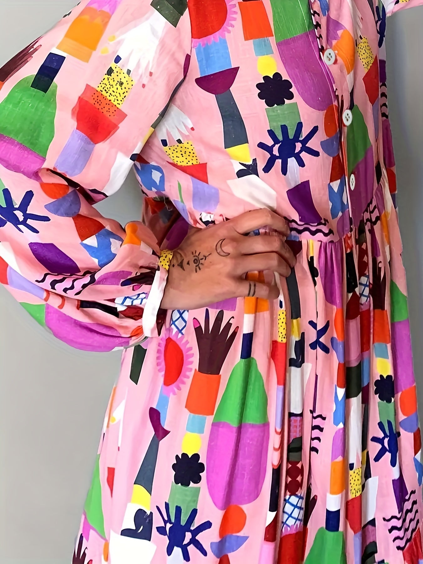 gbolsos Plus Size Cute Maxi Dress, Women's Plus Random Print Long Sleeve Button Up Turn Down Collar Smock Shirt Dress