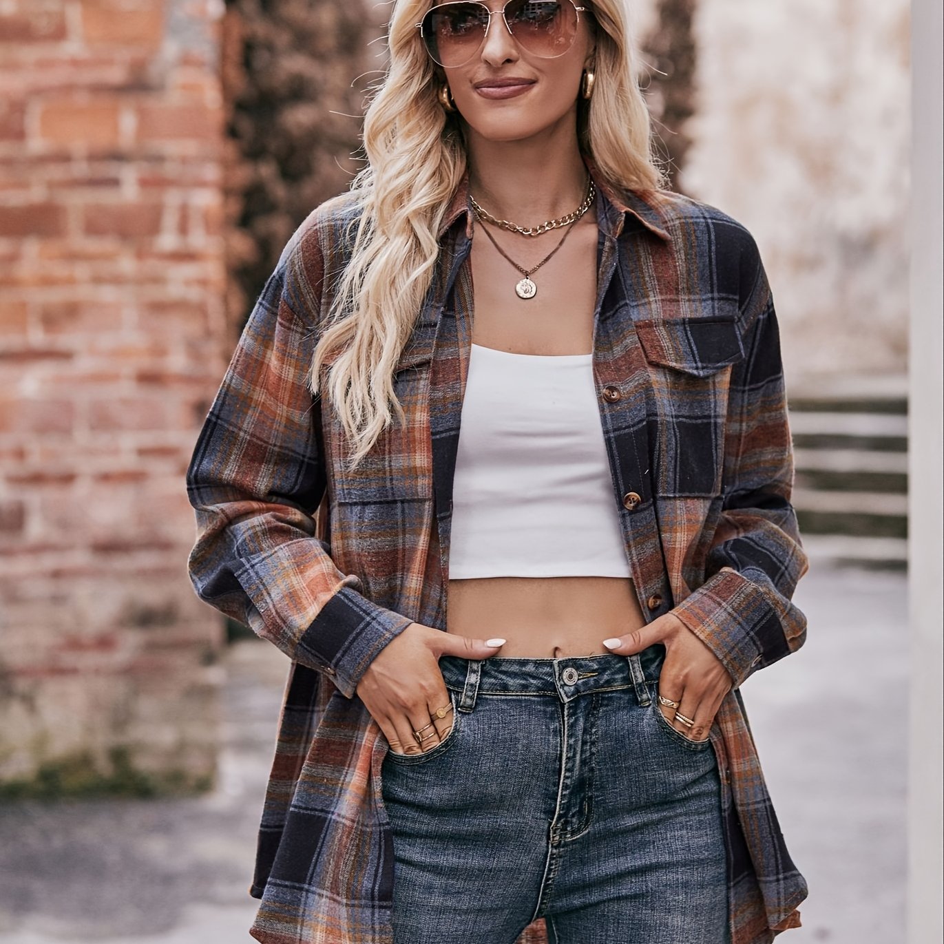 gbolsos Plaid Button Front Shirt, Elegant Long Sleeve Lapel Shirt, Women's Clothing