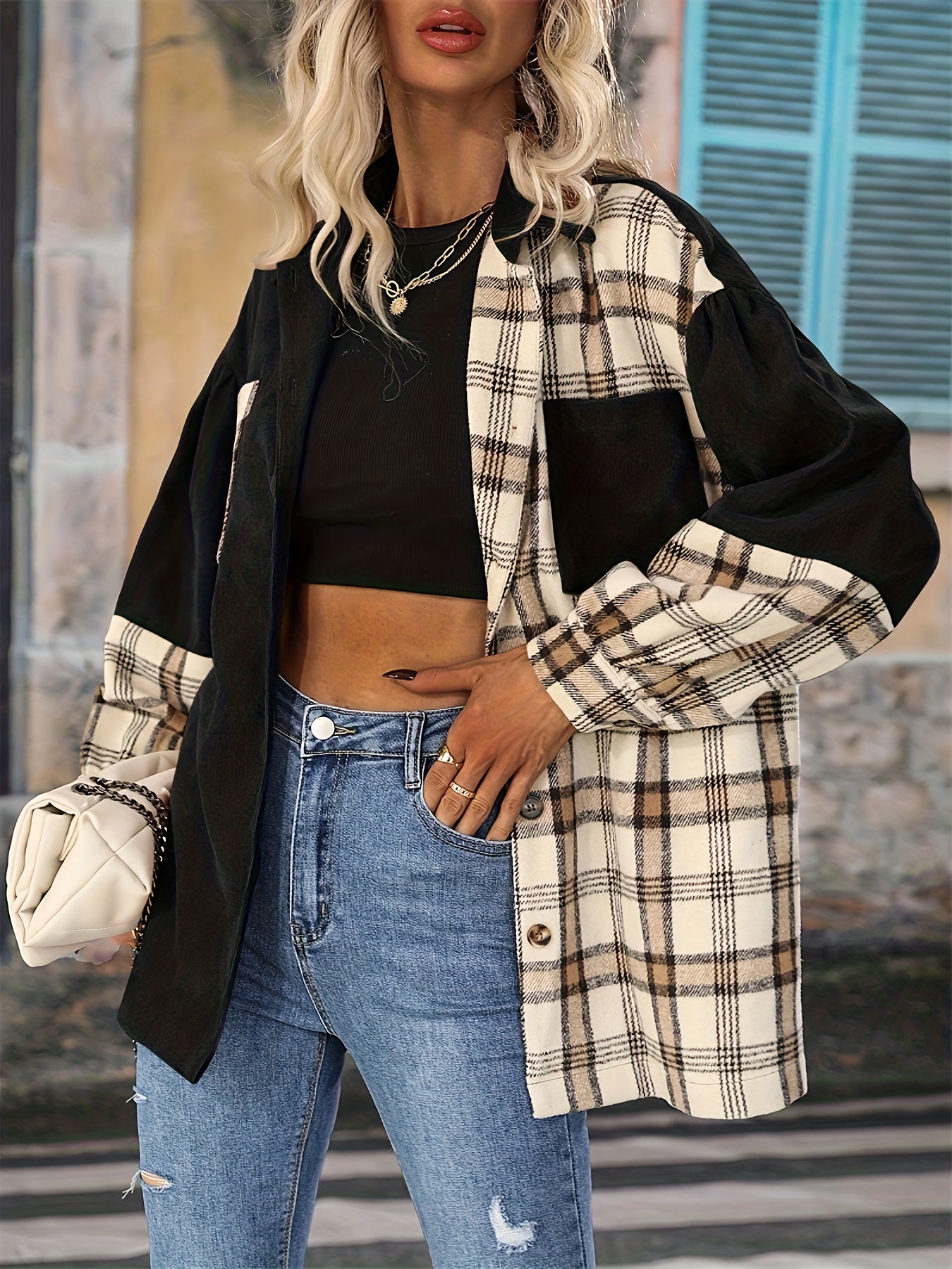 Plaid Pattern Splicing Jacket, Casual Button Front Long Sleeve Outerwear, Women's Clothing