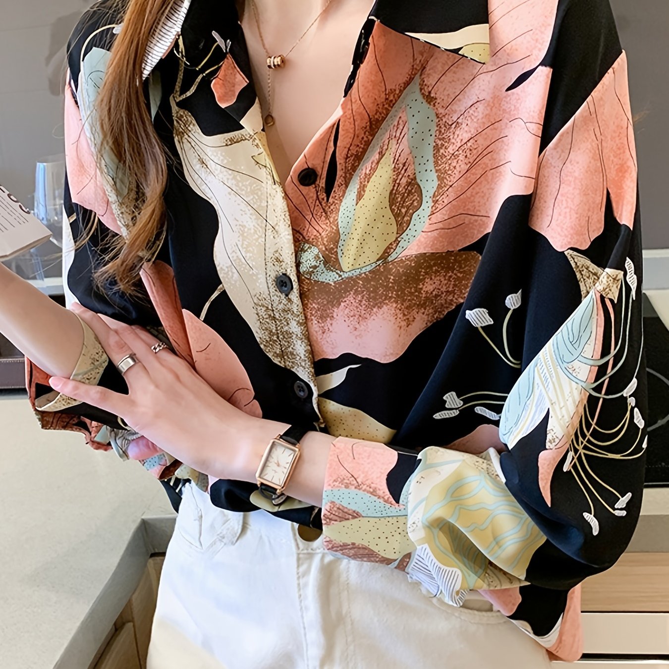gbolsos Print V-neck Loose Lapel Blouses, Casual Button Down Long Sleeve Fashion Shirts Tops, Women's Clothing