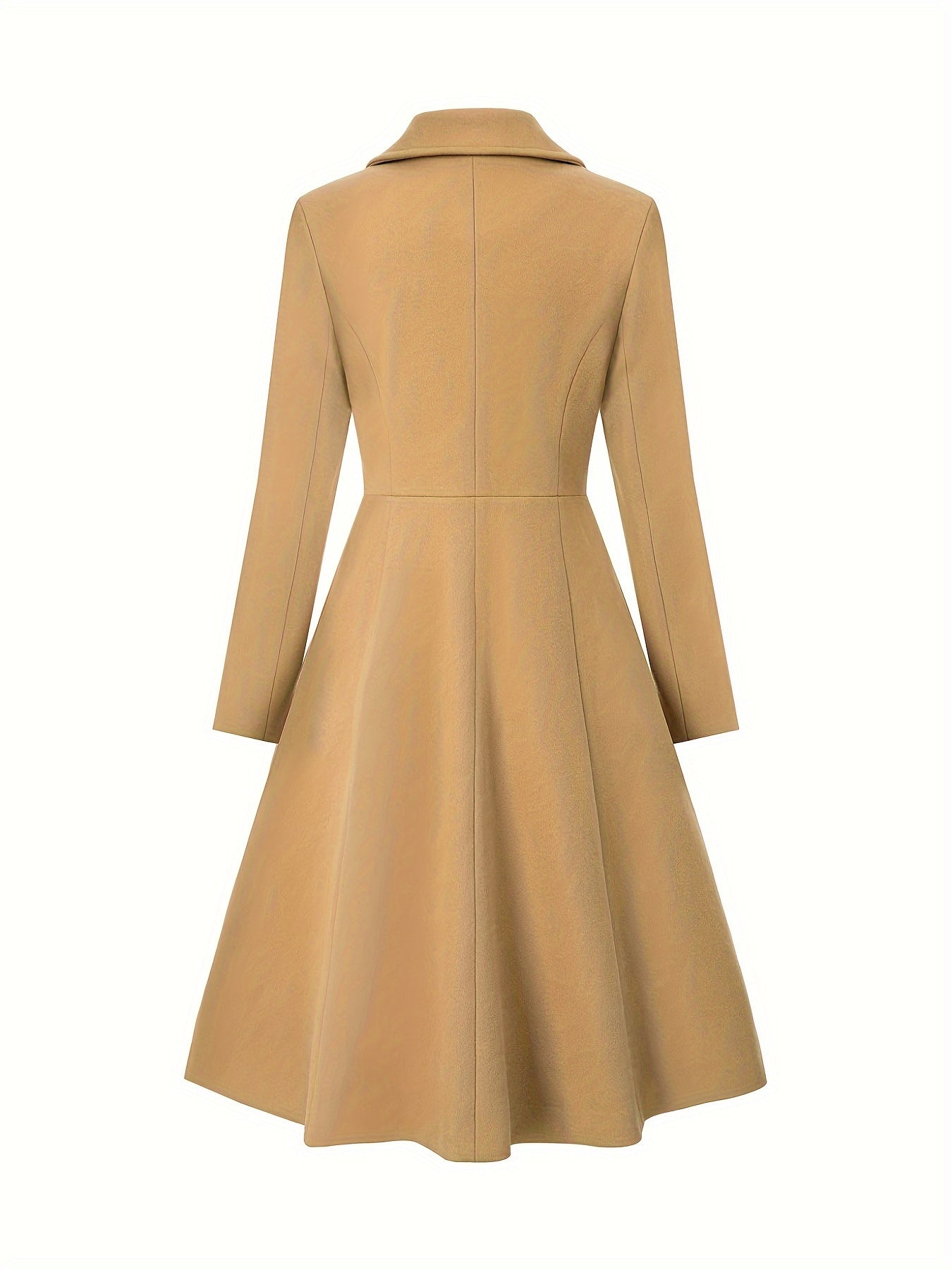 Solid Lapel Mid Length Coat, Elegant Double Breasted Long Sleeve Outerwear, Women's Clothing