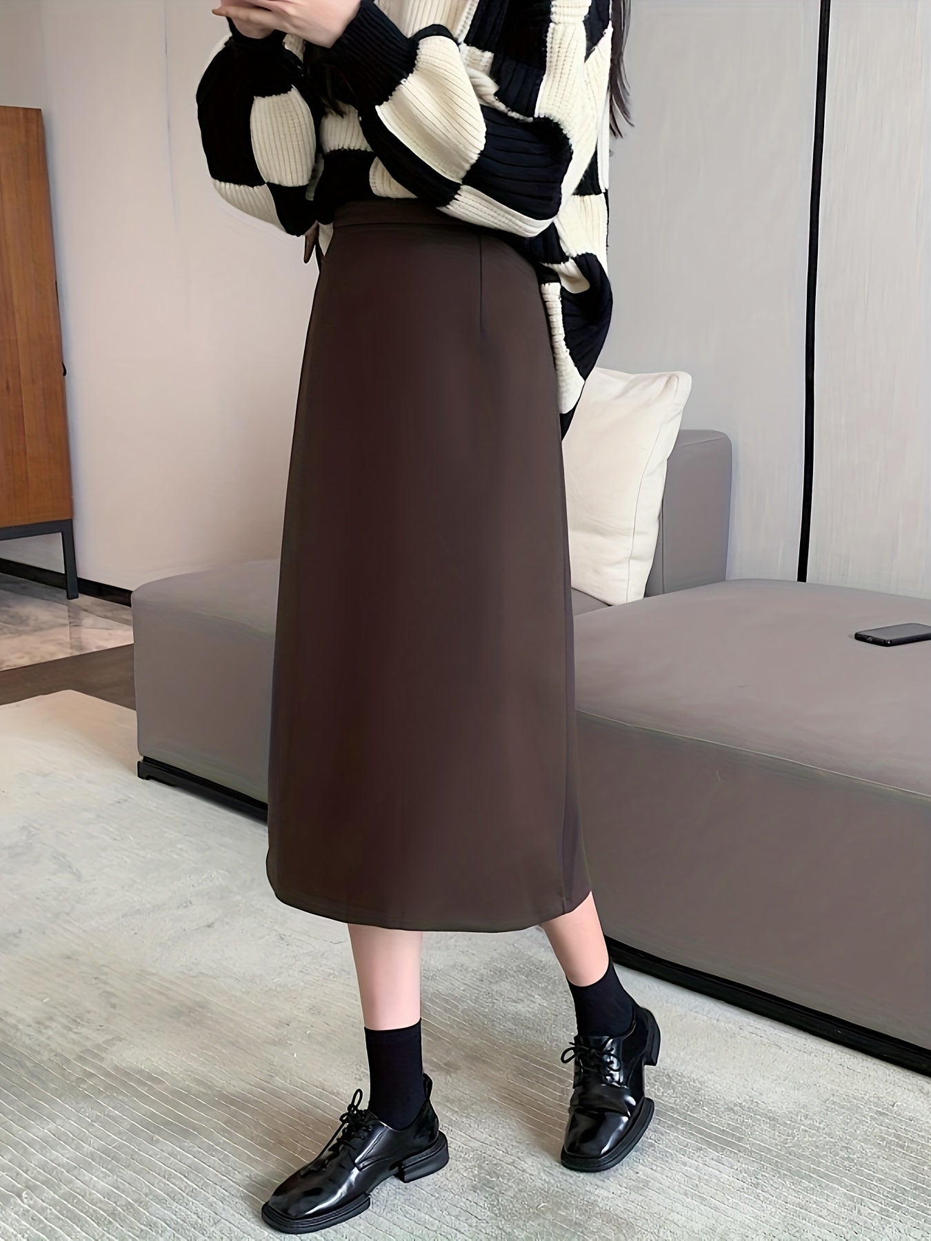 Solid High Waist Split Back Skirt, Vintage A Line Midi Skirt For Spring & Fall, Women's Clothing