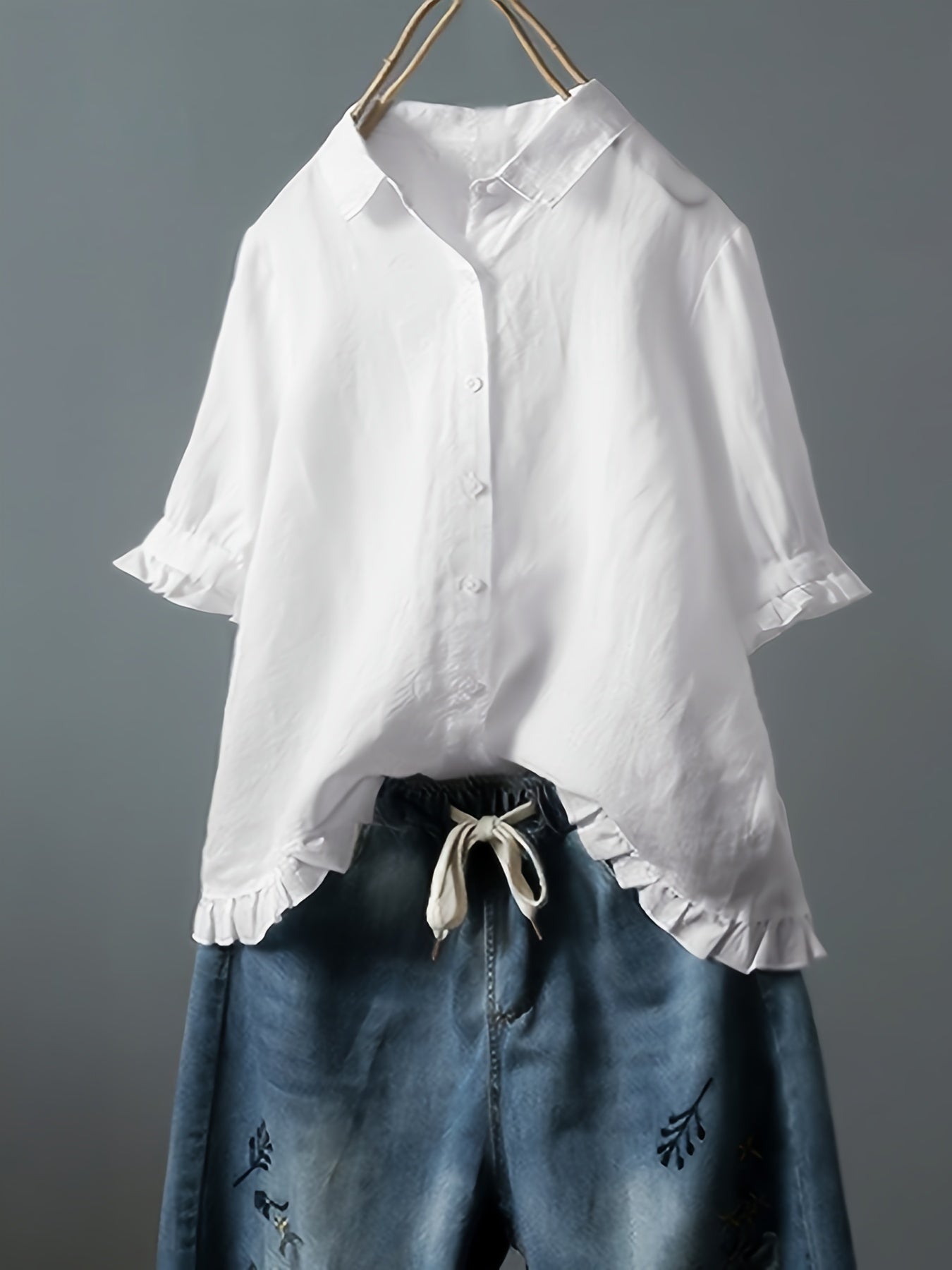 Solid Ruffle Trim 3/4 Sleeve T-Shirt, Casual All-Seasons Tops, Women's Clothing