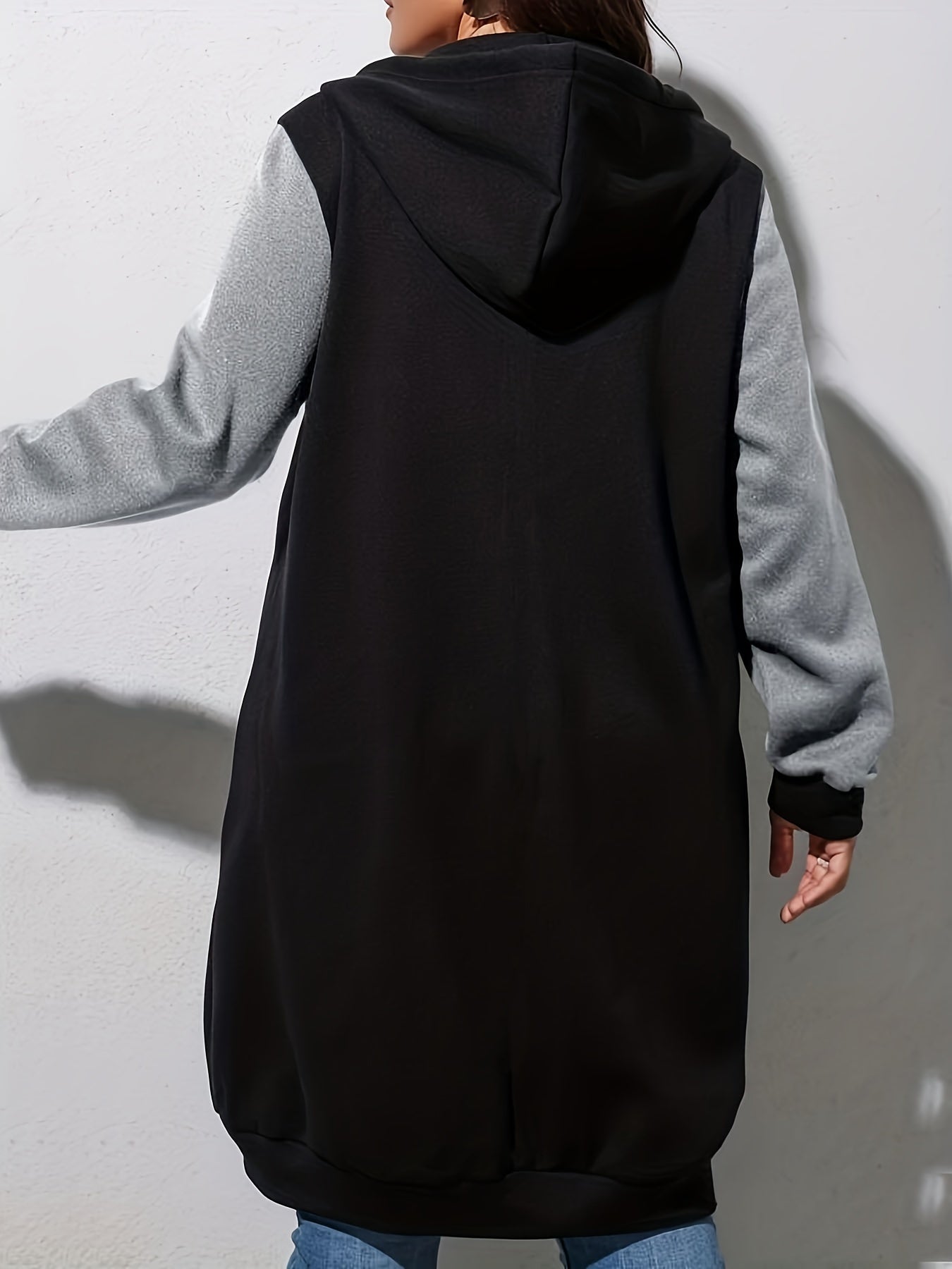Plus Size Casual Coat, Women's Plus Colorblock Hoodie Drawstring Zipper Long Sleeve Longline Coat