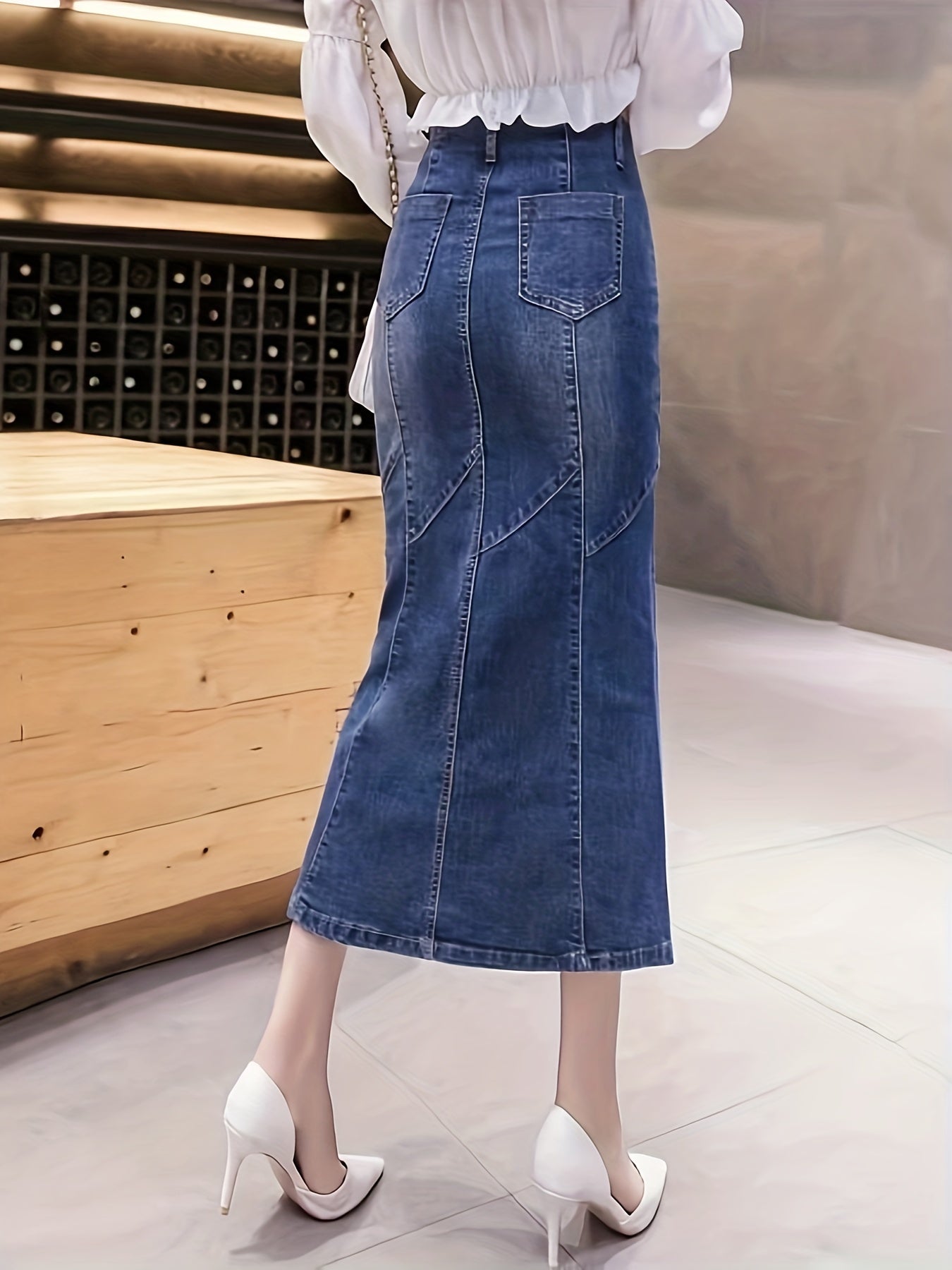 gbolsos Blue Zip Front Denim Midi Skirt, High Stretch Mermaid High Waist Casual Denim Midi Skirt, Women's Denim Clothing