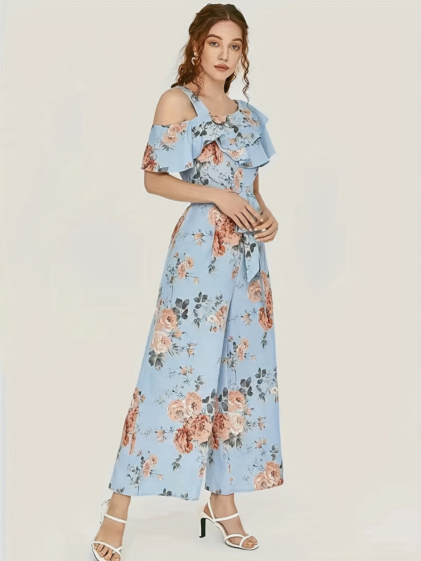 elveswallet Floral Print Wide Leg Jumpsuit, Boho Ruffle Layered Hem Jumpsuit For Spring & Summer, Women's Clothing