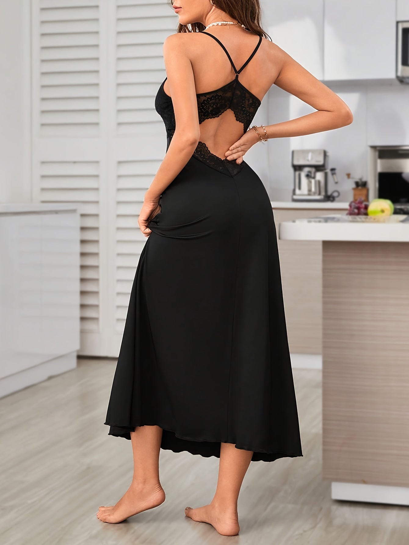 Sexy Solid Contrast Lace Slip Nightdress, V Neck Backless Sleep Dress, Women's Sleepwear & Dresses