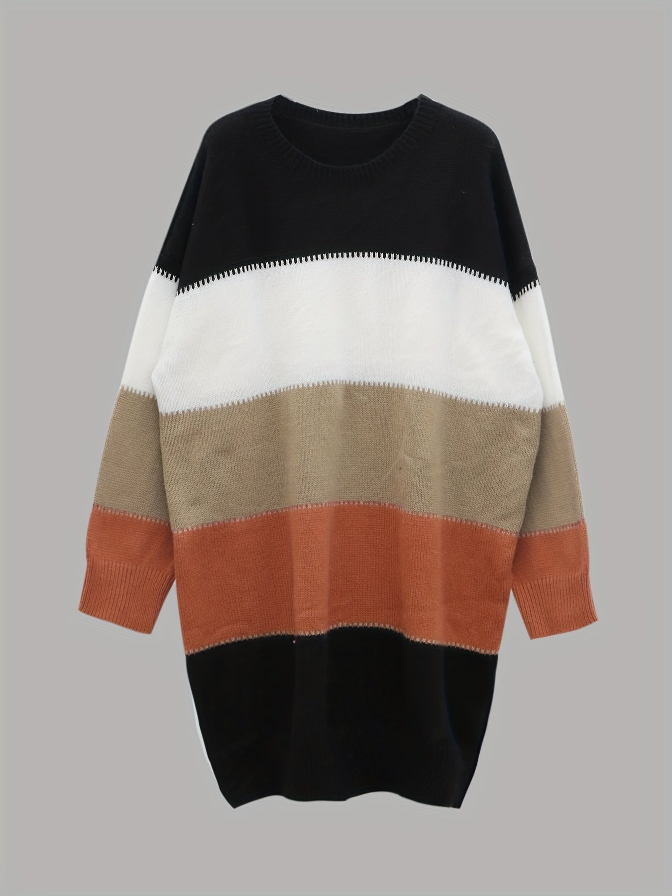 gbolsos Plus Size Casual Dress, Women's Plus Colorblock Long Sleeve Round Neck Medium Stretch Sweater Dress