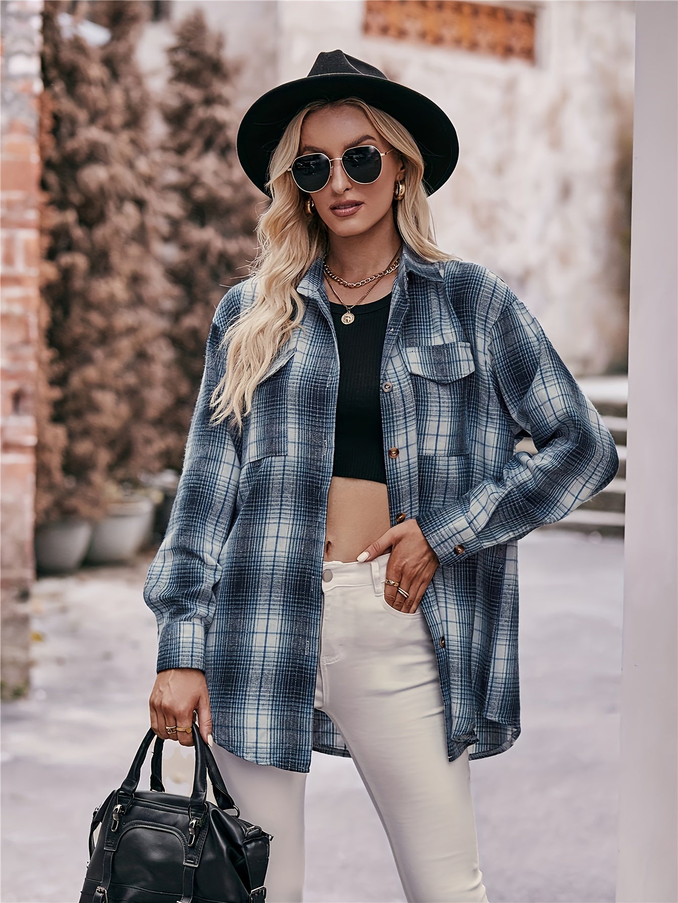 gbolsos Plaid Button Front Shirt, Elegant Long Sleeve Lapel Shirt, Women's Clothing