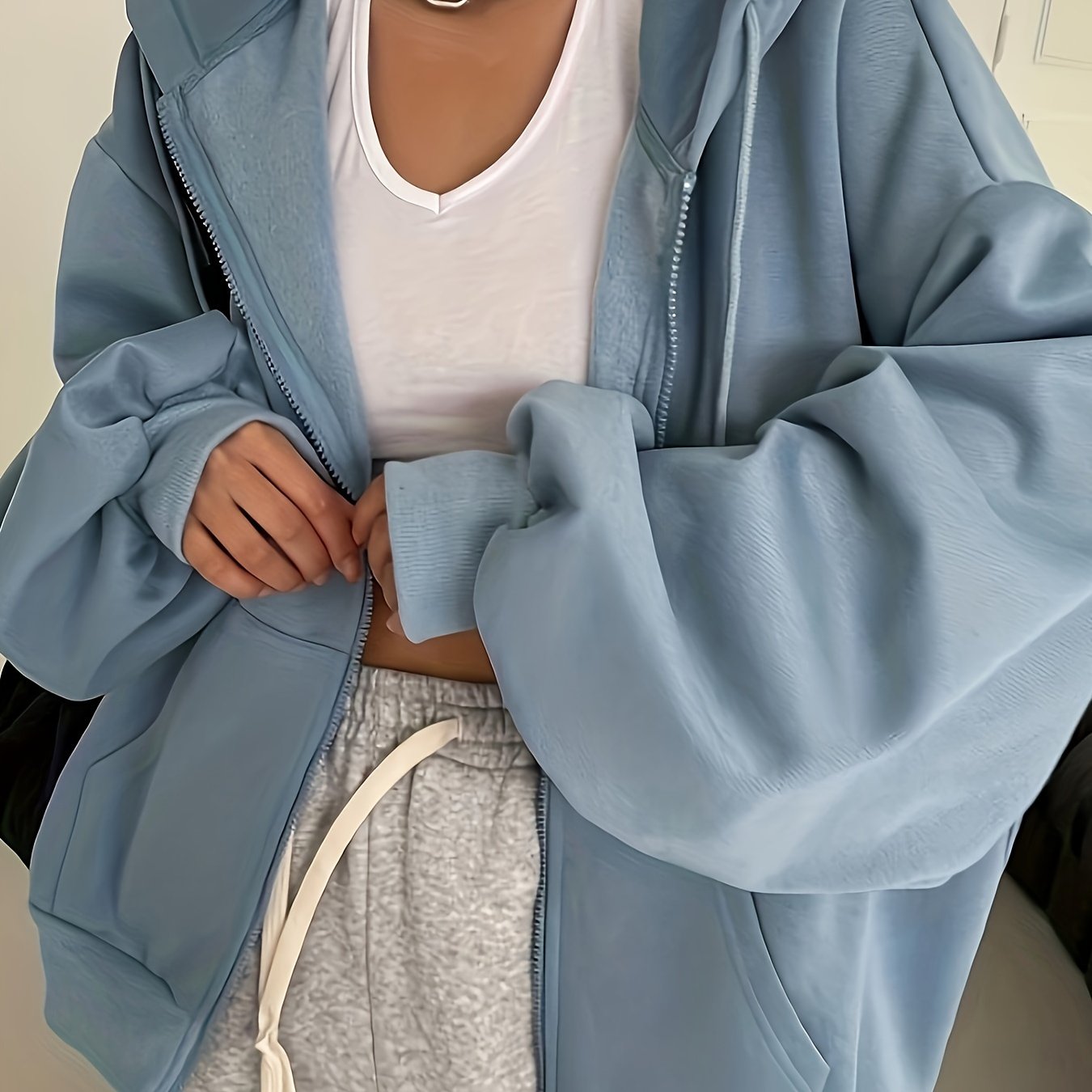 Zip-up Slant Pockets Drop Shoulder Hoodie, Casual Long Sleeve Drawstring Hoodie Outerwear, Women's Clothing