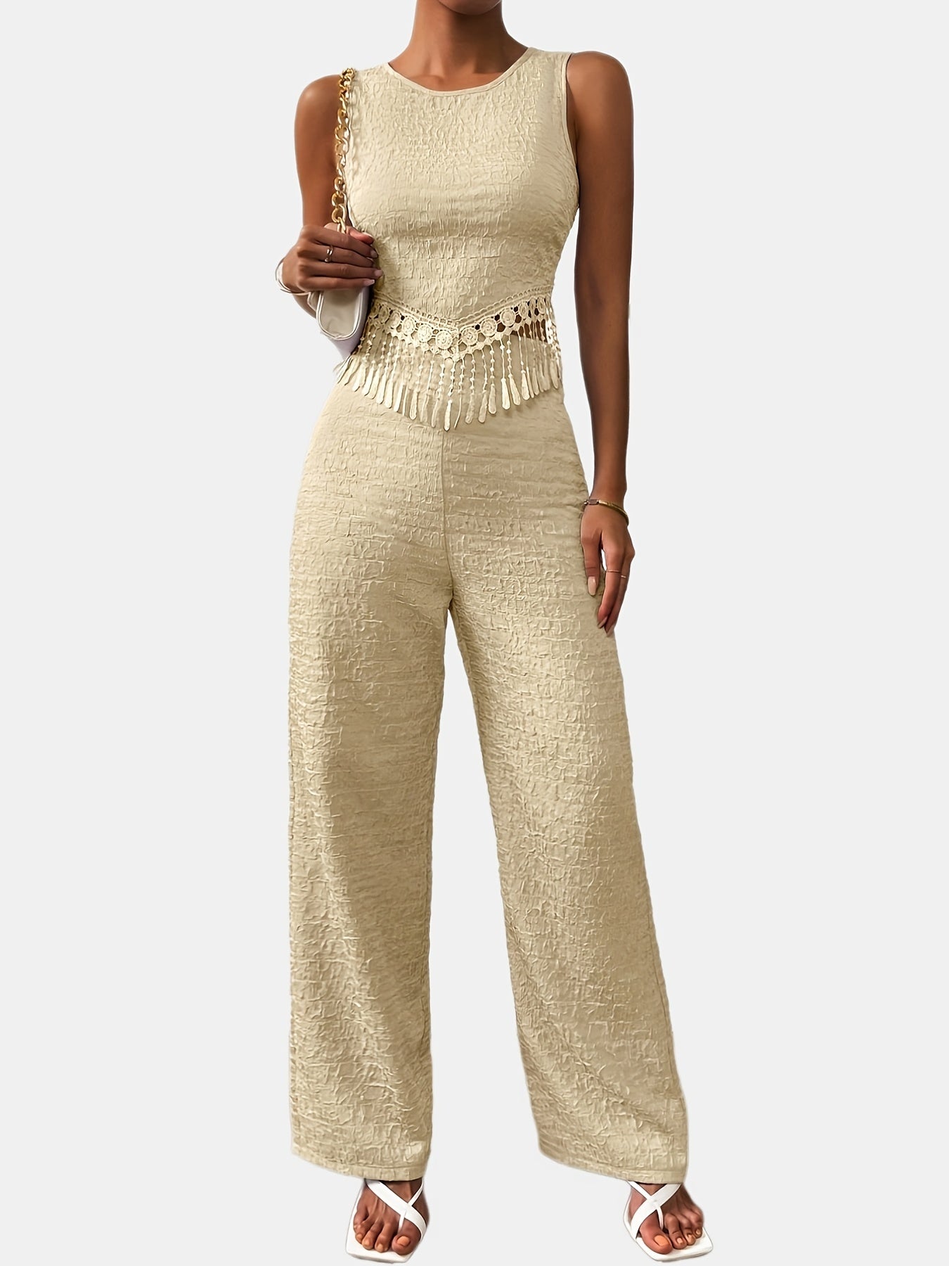 gbolsos Casual Solid Two-piece Set, Tassel Sleeveless Crew Neck Tops & Wide Leg Pants Outfits, Women's Clothing
