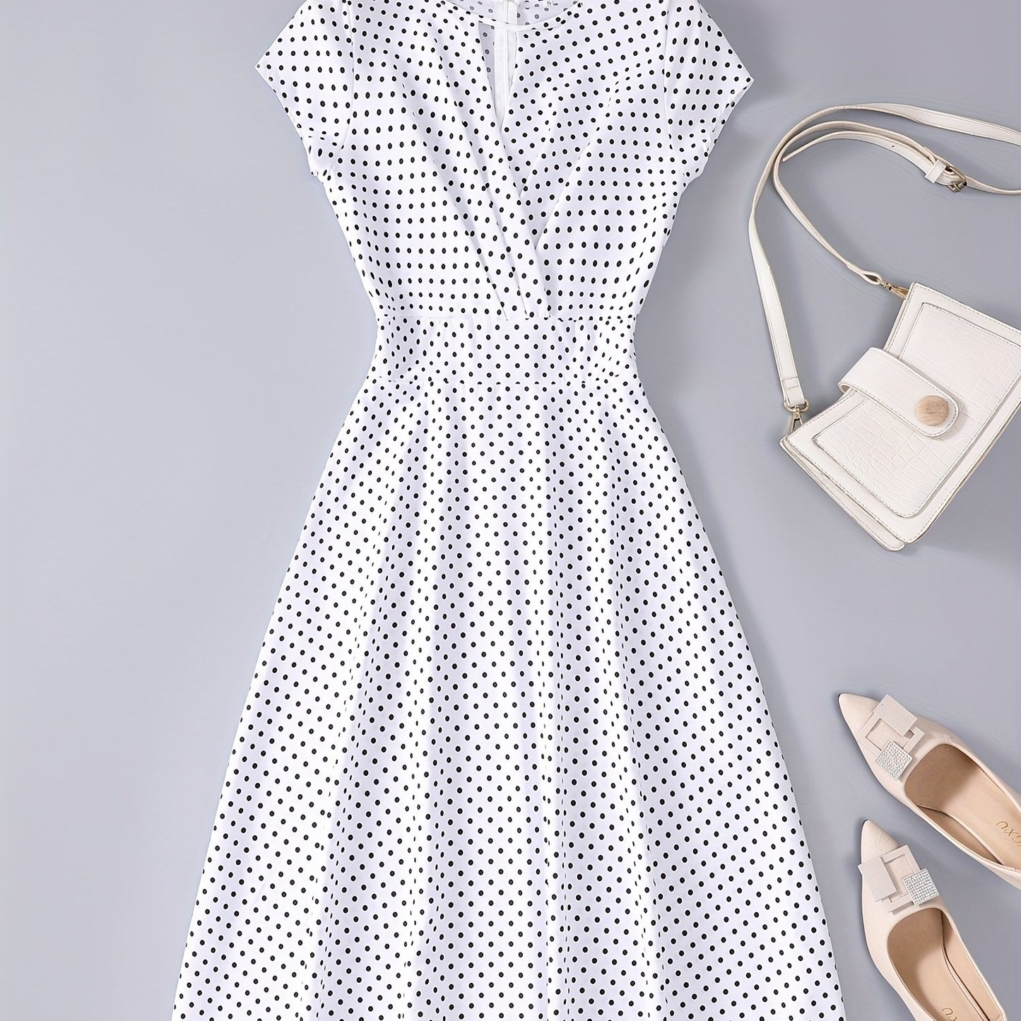 gbolsos Polka Dot Keyhole Dress, Casual Crew Neck Cap Sleeve Slim Waist Dress, Women's Clothing