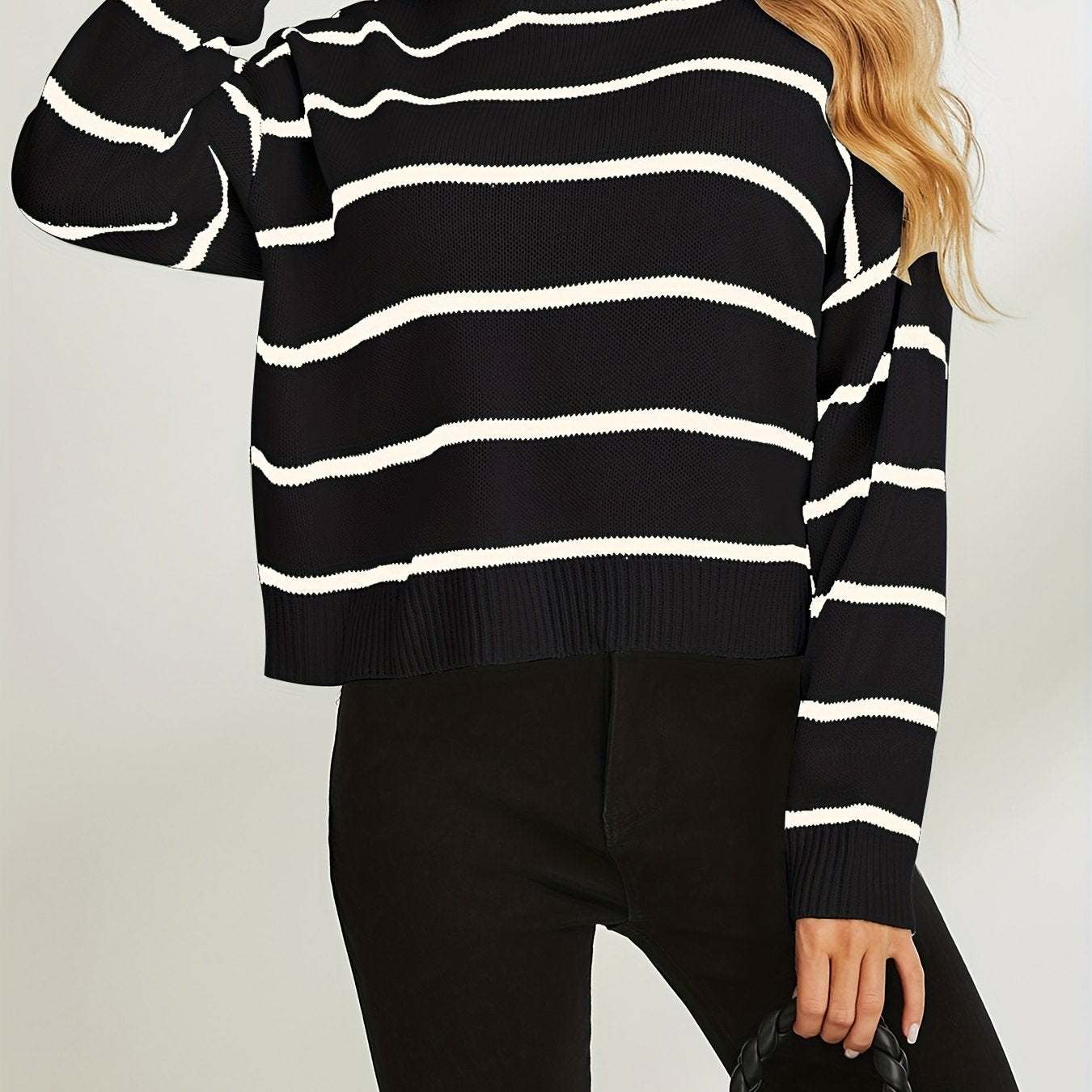 Stripe Print Drop Shoulder Knit Sweater, Casual Crew Neck Long Sleeve Pullover Sweater, Women's Clothing