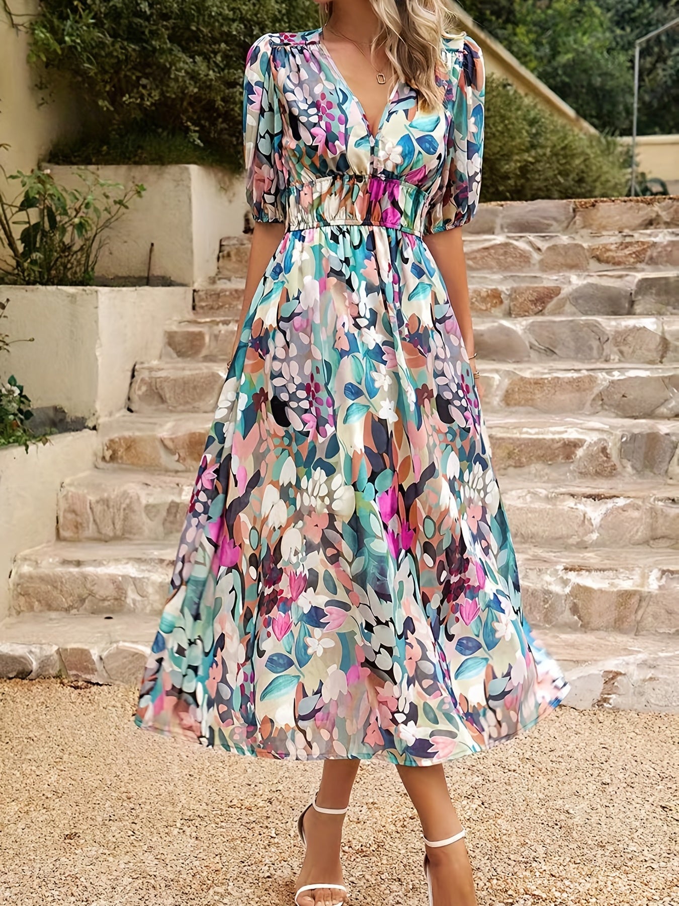 gbolsos Floral Print V Neck Dress, Boho Short Sleeve Ruched Waist Dress For Spring & Summer, Women's Clothing