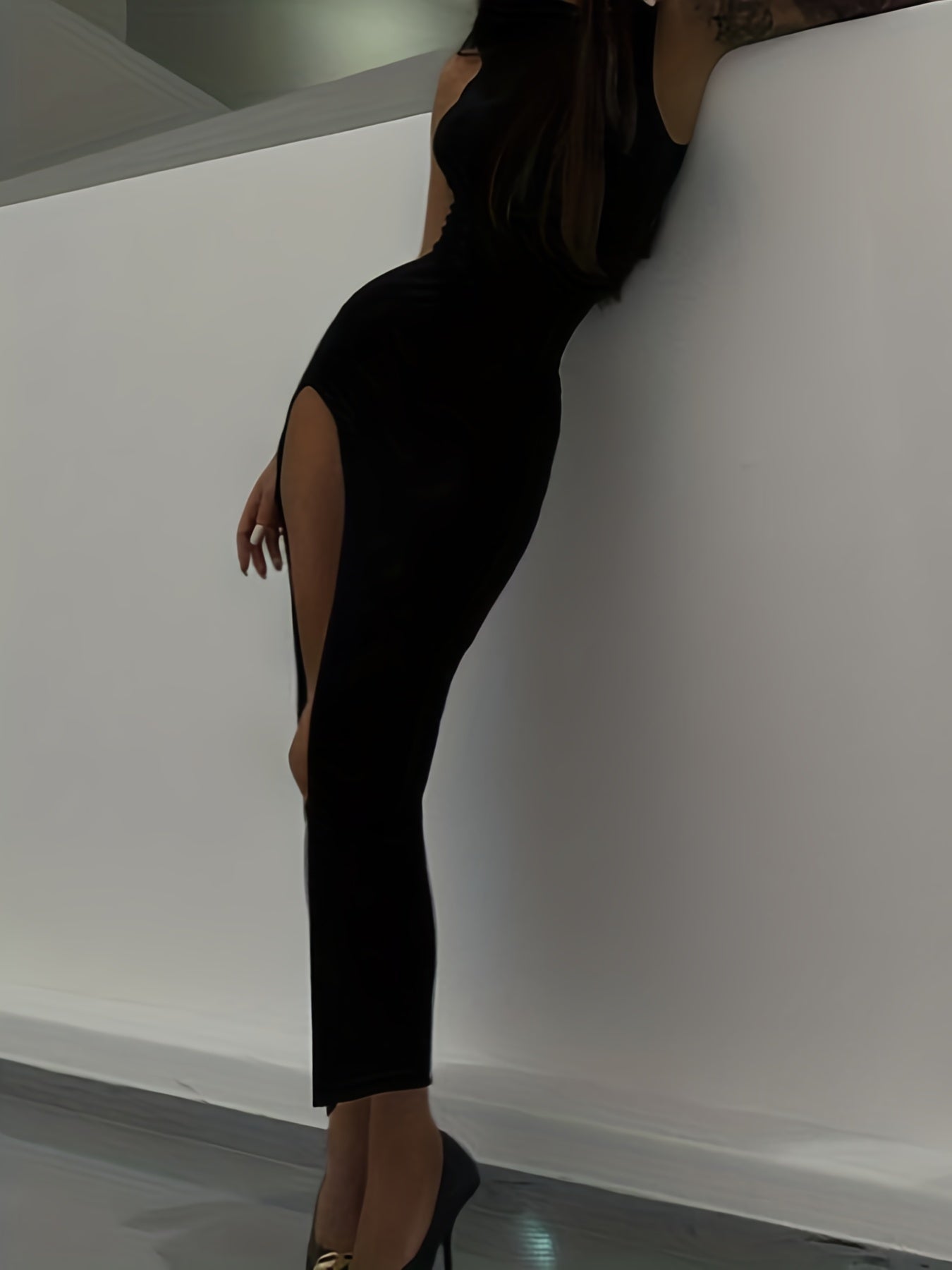High Neck Bodycon Dress, Sleeveless Side Slit Casual Dress For Summer & Spring, Women's Clothing