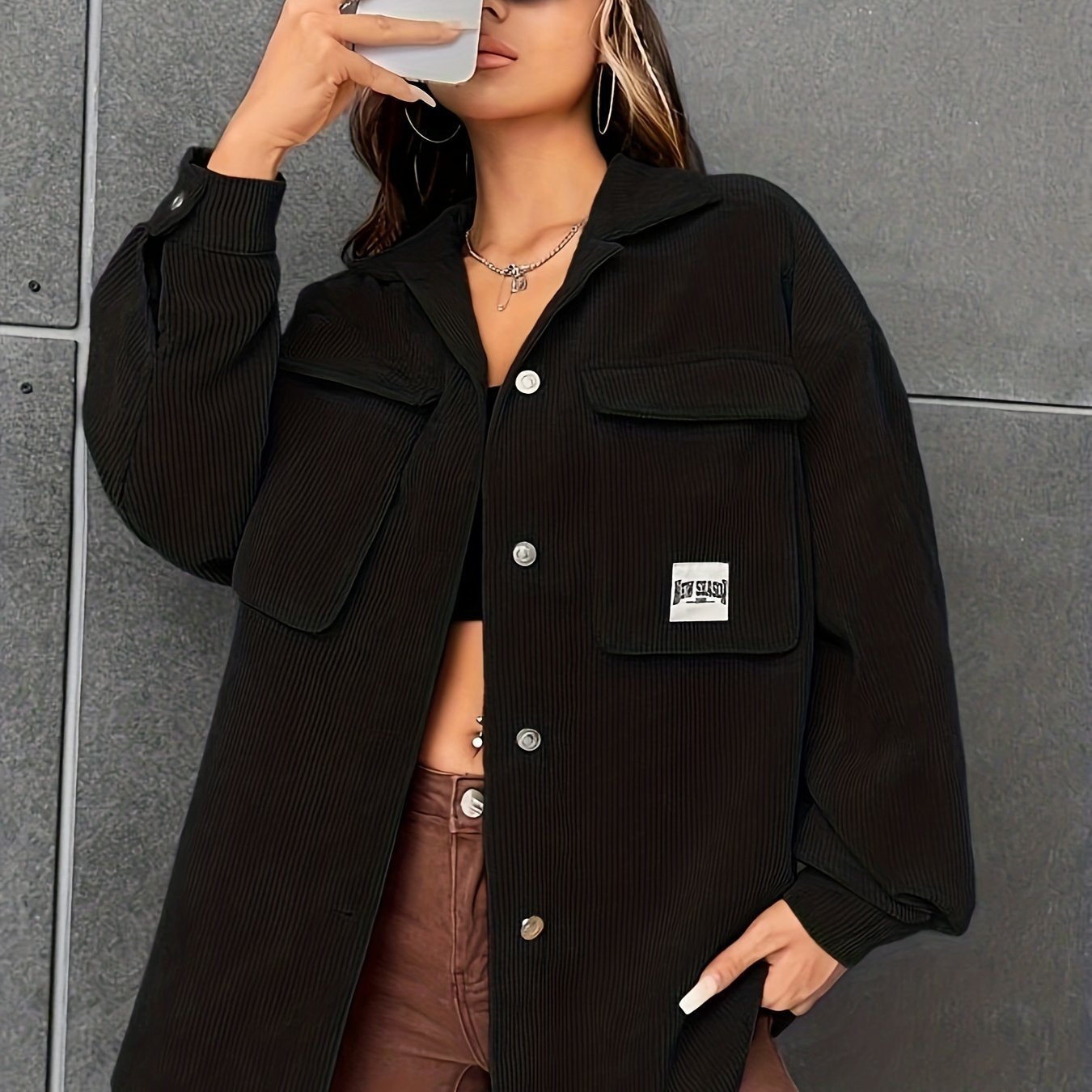 gbolsos Button Front Simple Jacket, Casual Long Sleeve Outerwear With Pockets, Women's Clothing