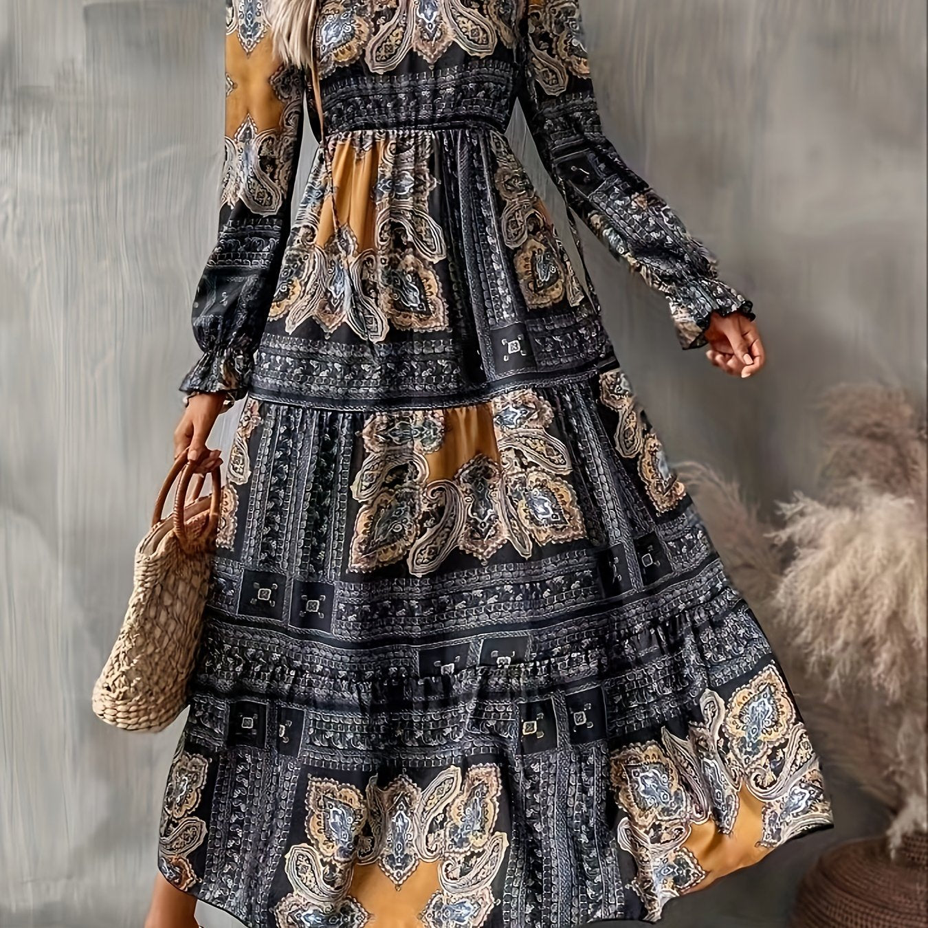 gbolsos Paisley Print High Waist Dress, Vintage Crew Neck Long Sleeve Maxi Dress, Women's Clothing