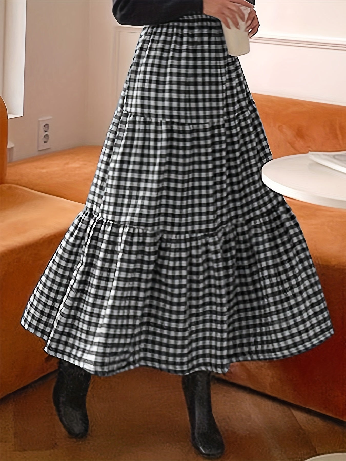 Plus Size Gingham Print Layered High Rise Maxi Skirt, Women's Plus Preppy Casual Long Skirt